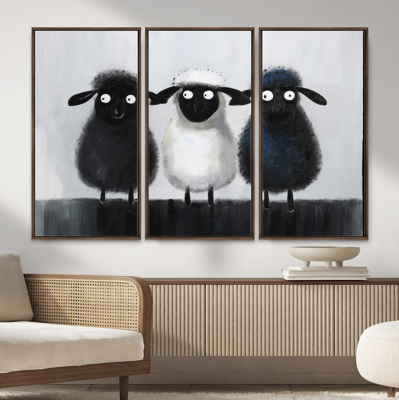 45650028-MGV-CV-36X24 - Funny Sheep Canvas Wall Art, Three Quirky Sheep Painting Print, Cute Animal Nursery Decor, Black White Navy Farmhouse Art, Kids Room Gift