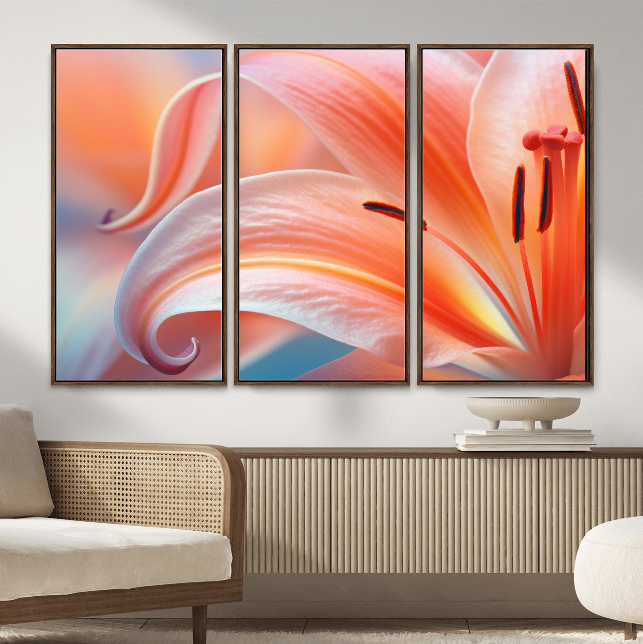 69566231-MGV-CV-36X24 - Peach Lily Canvas Wall Art, Coral Pink Flower Macro Photo Print, Botanical Bedroom Decor, Soft Floral Photography, Living Room Wall Art