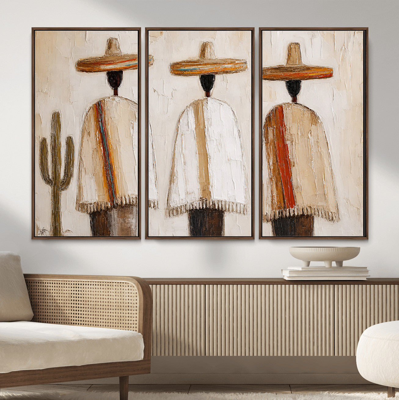 72884785-MGV-CV-36X24 - Mexican Folk Art Canvas Wall Art, Southwestern Sombrero Poncho Painting, Neutral Earthy Boho Decor, Fiesta Living Room Art, Impasto Style Print