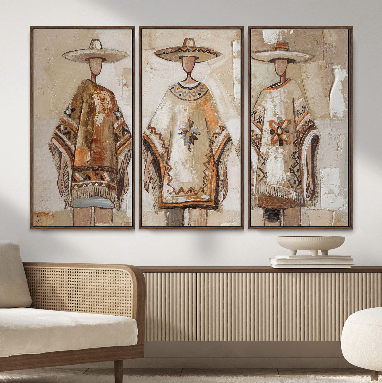 85373290-MGV-CV-36X24 - Mexican Folk Art Canvas Wall Art, Charro Poncho Sombrero Painting Print, Neutral Beige Boho Decor, Southwestern Impasto Style, Living Room Art