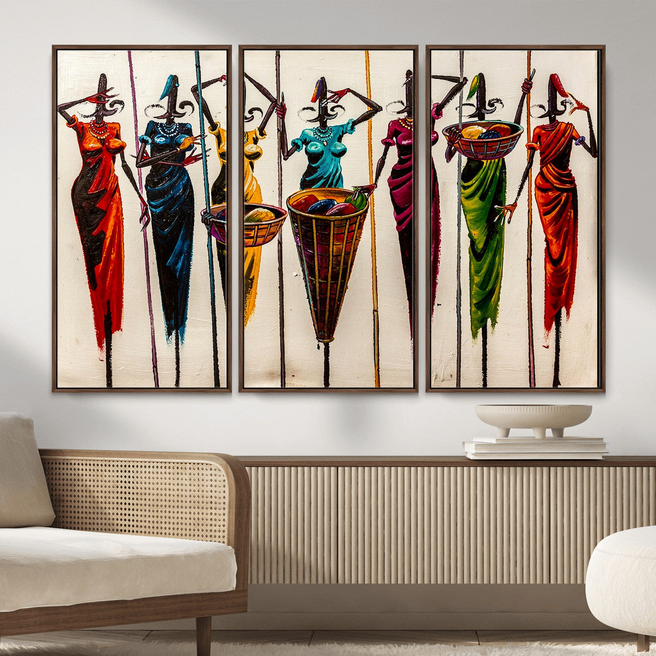 53545627-MGV-CV-36X24 - African Folk Art Canvas Wall Art, Colorful African Women Village Painting Print, Tribal Ethnic Home Decor, Vibrant African Art, Living Room