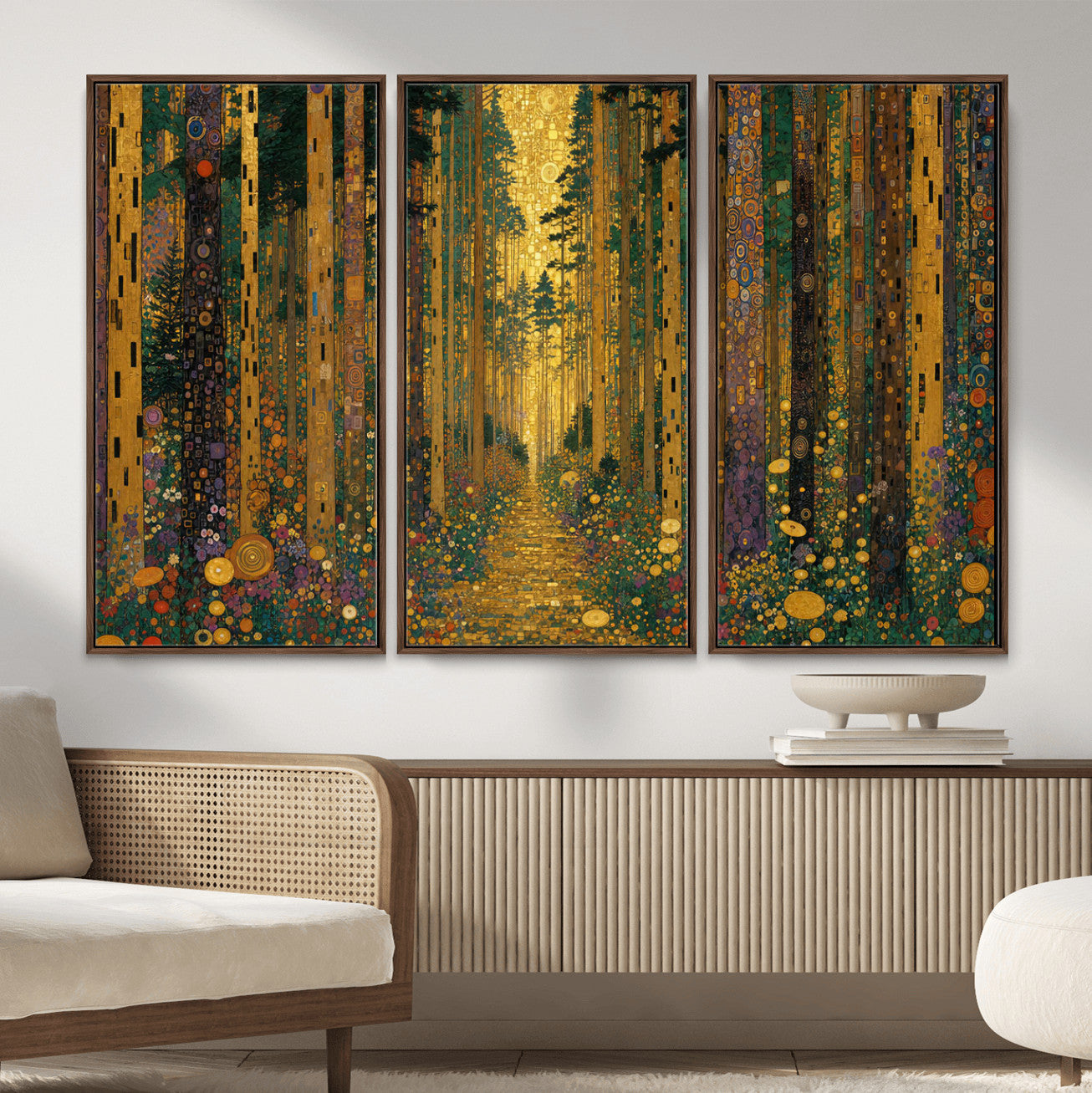 79483321G-MGV-CV-48X32-3P - Gustav Klimt Style Forest Canvas Wall Art, Golden Forest Path Floral Art Nouveau Print, Enchanted Woodland Decor
