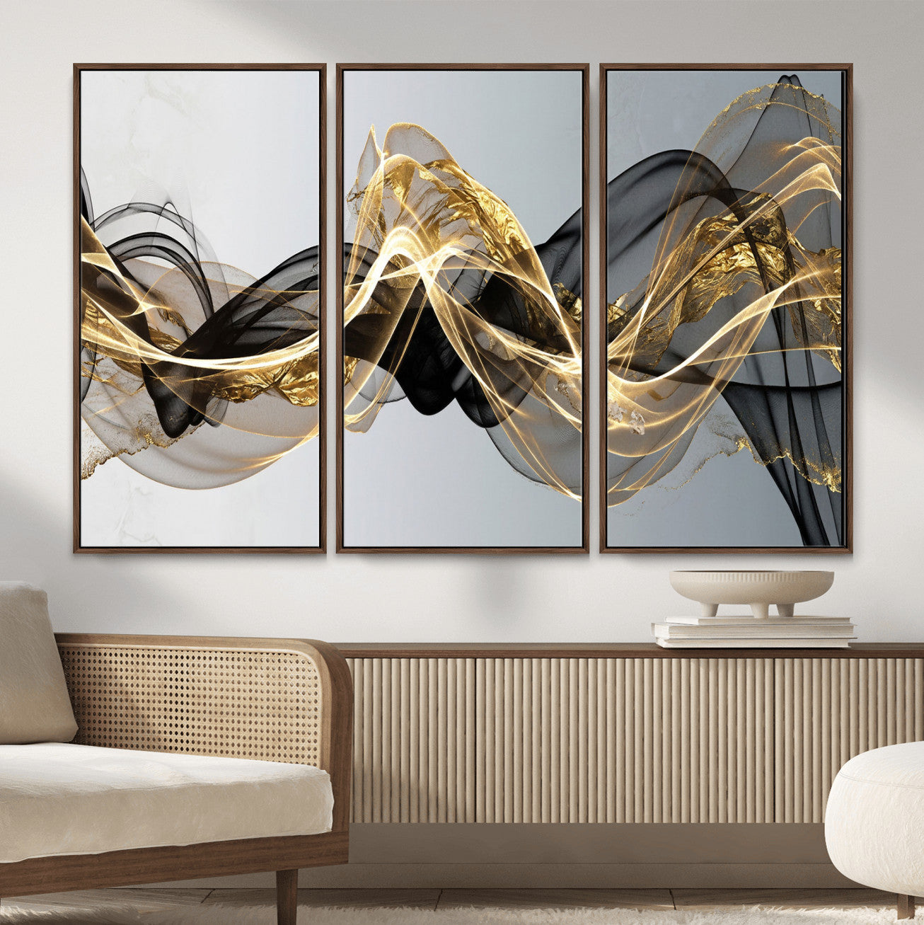 79483321DL-MGV-CV-36X24 - Black and Gold Abstract Wall Art, Modern Wave Canvas Print, Elegant Flowing Smoke Art, Luxury Living Room Decor