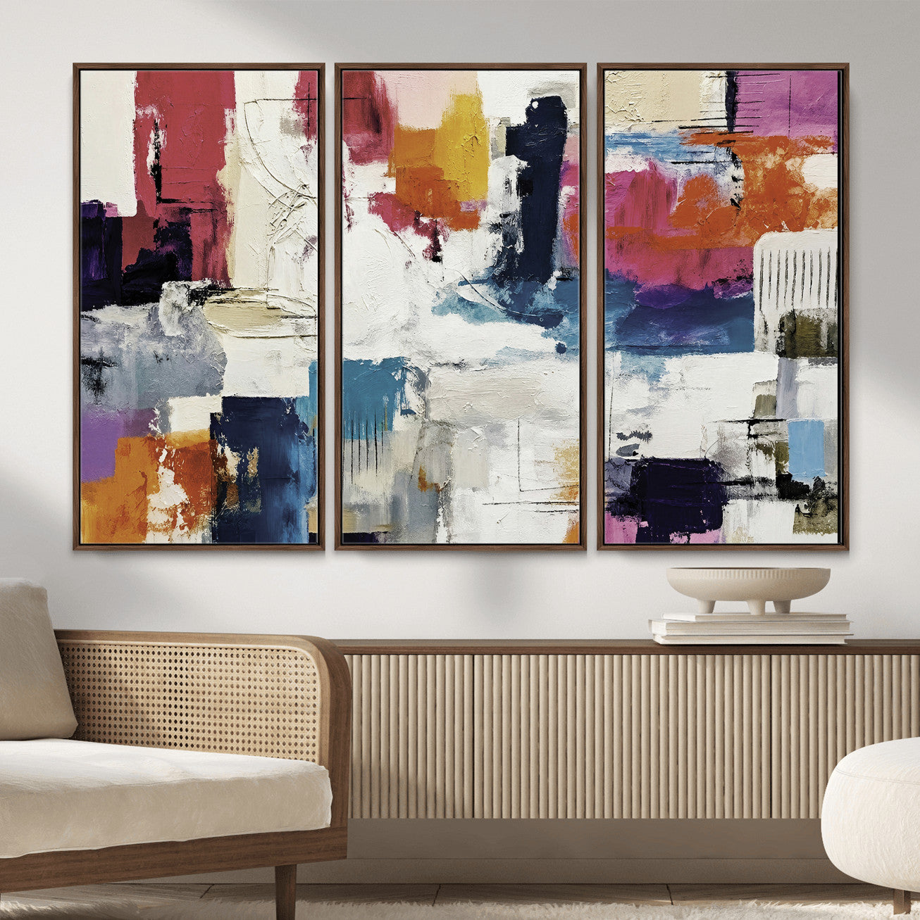 57864023-MGV-CV-36X24 - Blue Teal Abstract Canvas Wall Art, Modern Textured Painting Print, Navy Orange White Contemporary Art, Neutral Living Room Decor, Office Art