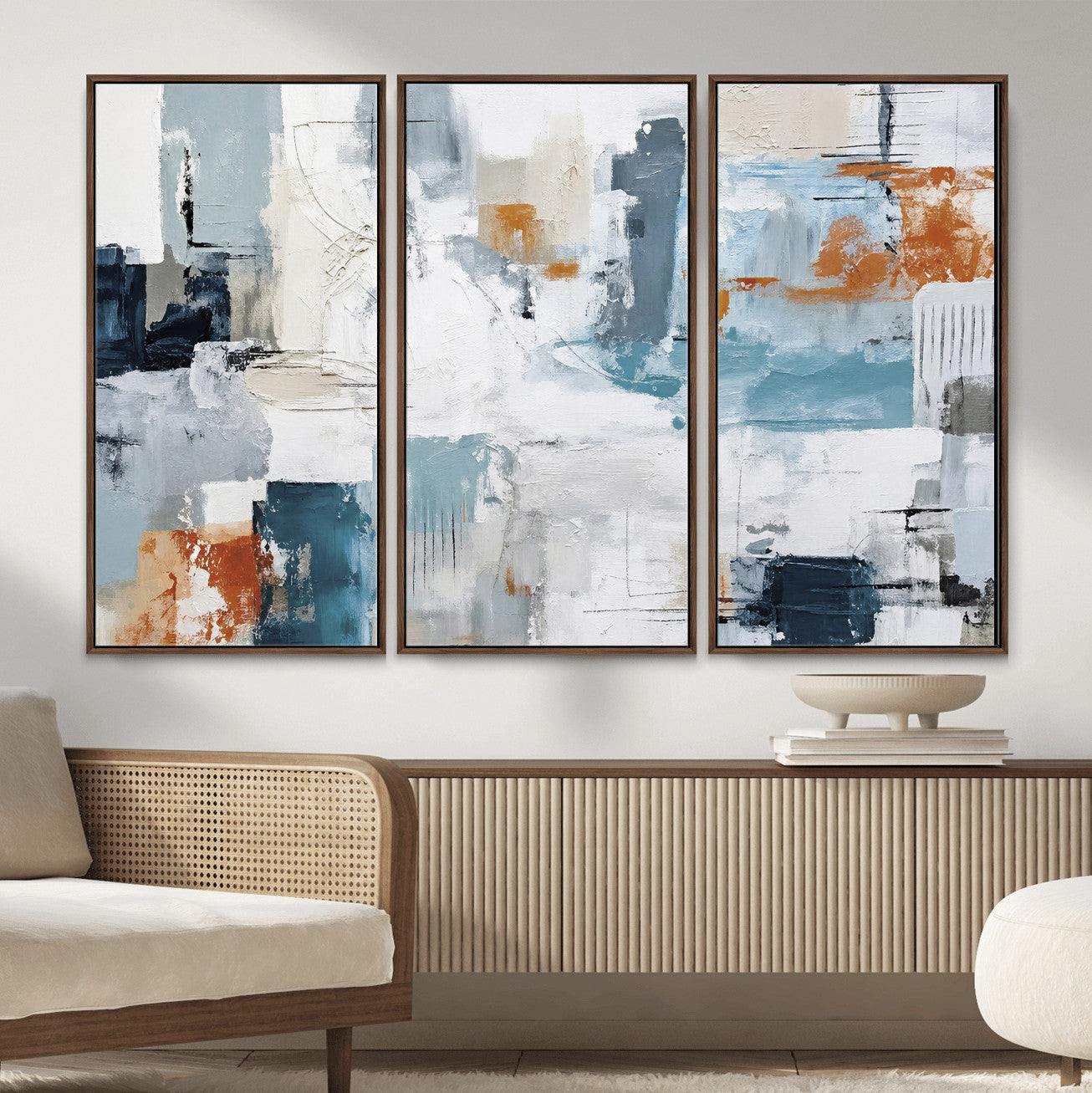 98638479-MGV-CV-36X24 - Blue Teal Abstract Canvas Wall Art, Modern Textured Painting Print, Navy Orange White Contemporary Art, Neutral Living Room Decor, Office Art