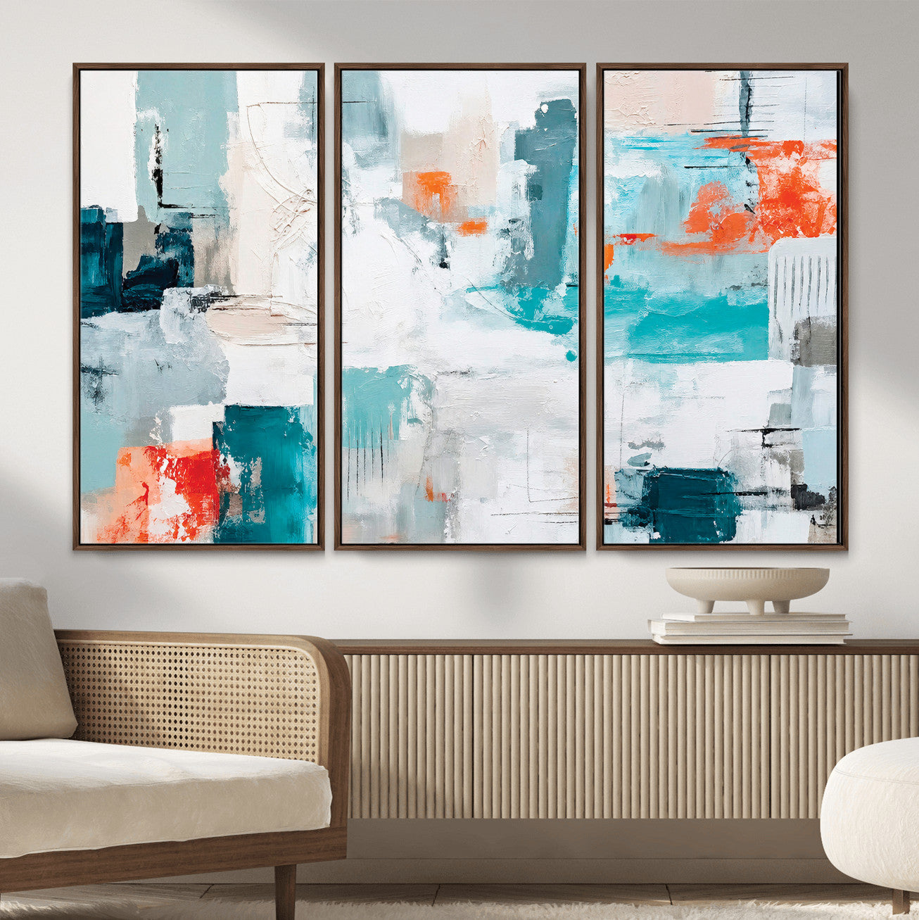 98638479-MGV-CV-36X24 - Blue Teal Abstract Canvas Wall Art | Modern Textured Painting Print, Navy Orange White Contemporary Art, Neutral Living Room Decor, Office Art