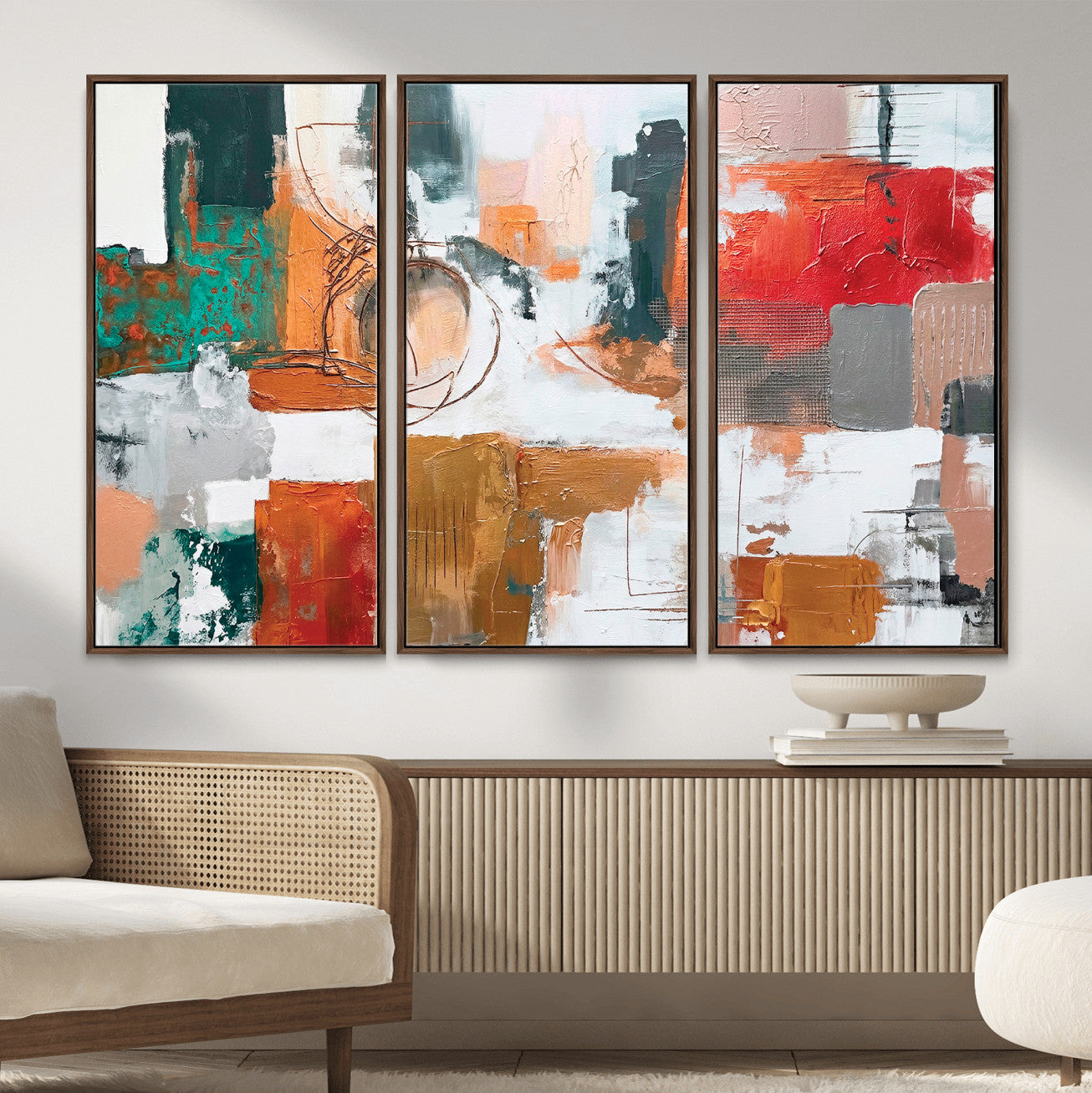 50720312-MGV-CV-36X24 - Blue Teal Abstract Canvas Wall Art | Modern Textured Painting Print, Navy Orange White Contemporary Art, Neutral Living Room Decor, Office Art.