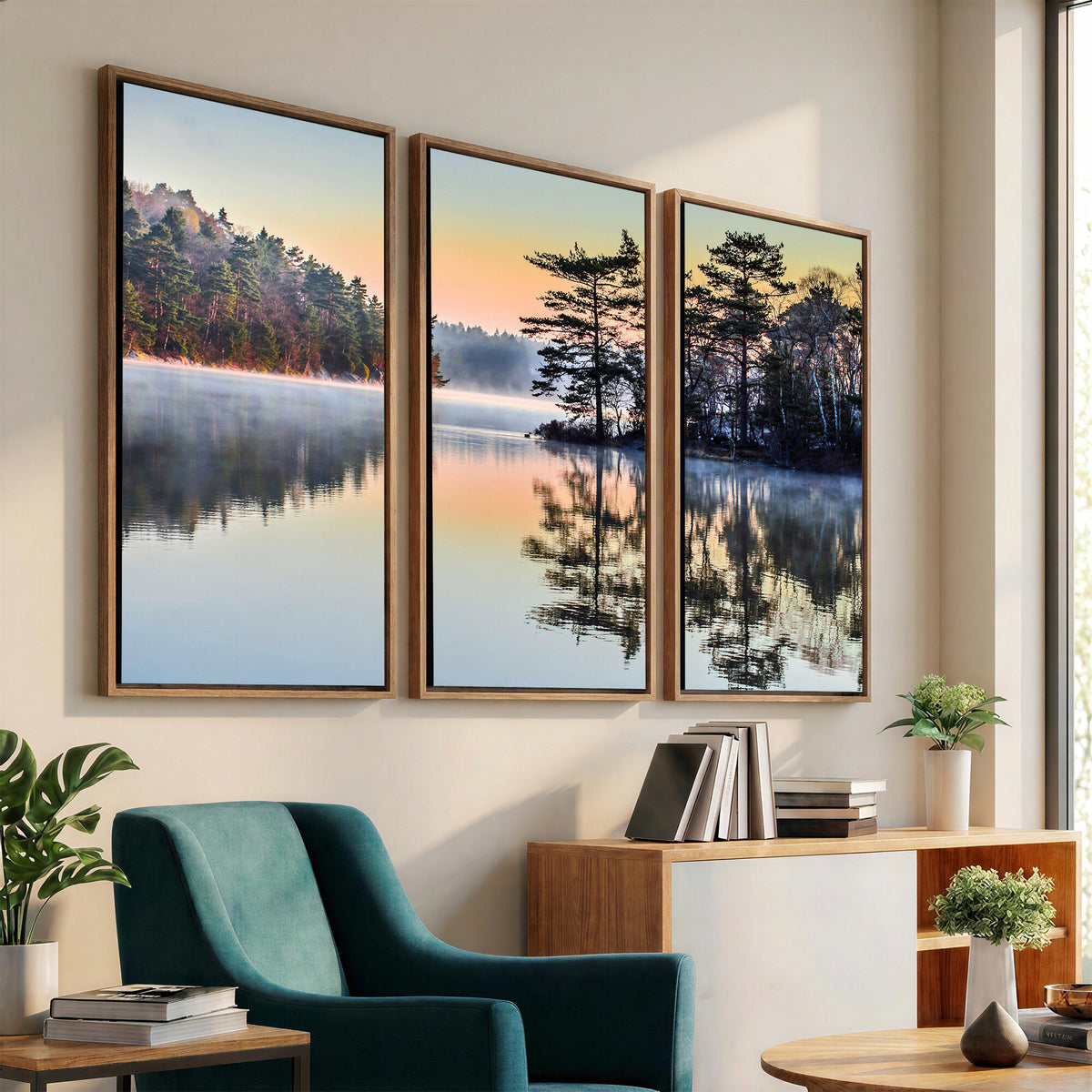 34236027-MGV-CV-36X24 - Before People Wake Canvas Wall Art Print, Misty Lake Sunrise Landscape, Forest Reflection Nature Decor, Ready to Hang