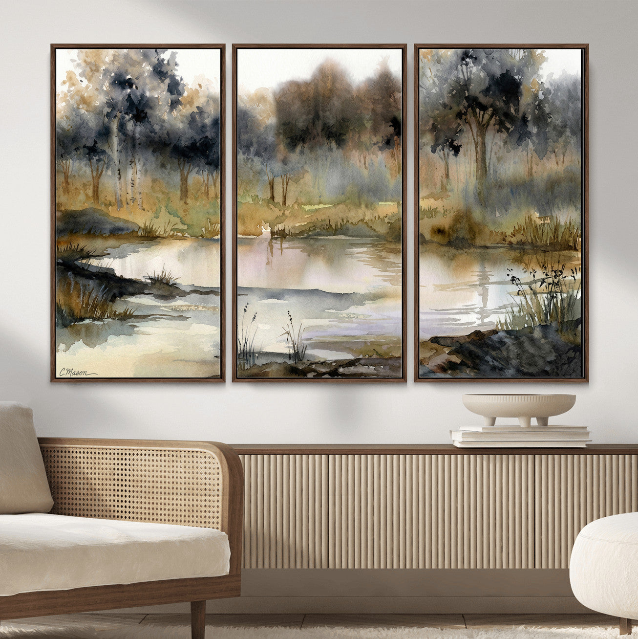 27383609-MGV-CV-36X24 - Abstract WatercolorAutumn Lake Canvas Wall Art Print, Misty Forest Landscape, Rustic Nature Painting, Cabin Wall Decor, Ready to Hang