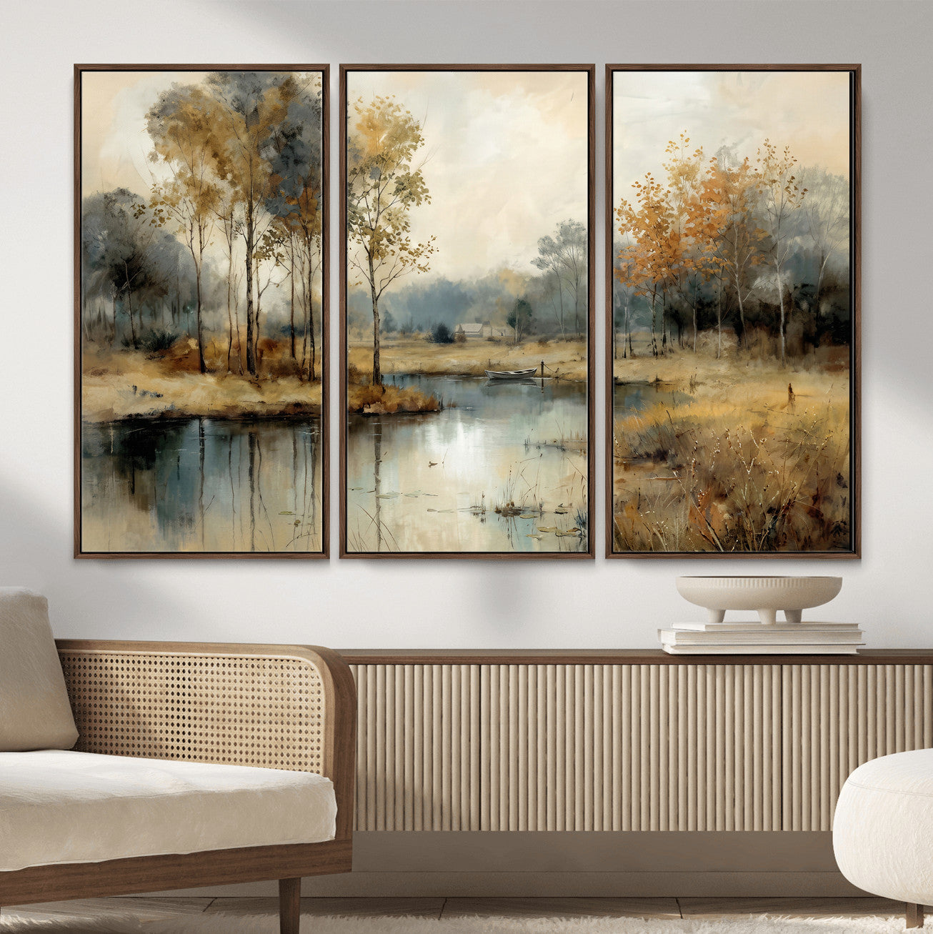 74391095-MGV-CV-36X24 - Abstract WatercolorAutumn Lake Canvas Wall Art Print, Misty Forest Landscape, Rustic Nature Painting, Cabin Wall Decor | Ready to Hang