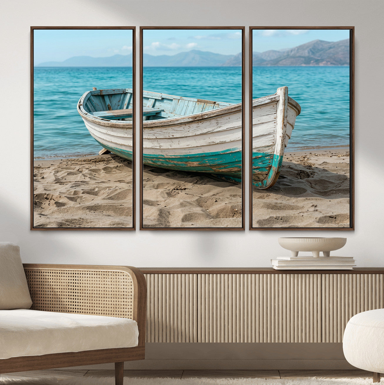 49963709-MGV-CV-36X24 - Coastal Boat Canvas Wall Art Print, Beach Boat Painting, Nautical Ocean Decor, Seascape Wall Art - Ready to Hang