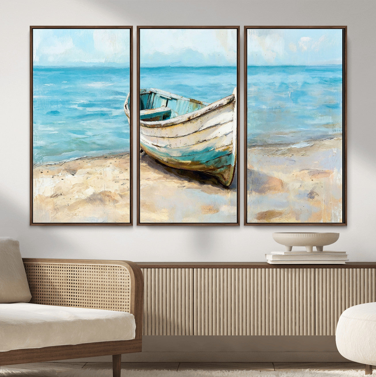 14780565-MGV-CV-36X24 - Coastal Boat Canvas Wall Art Print, Beach Boat Painting, Nautical Ocean Decor, Seascape Wall Art - Ready to Hang