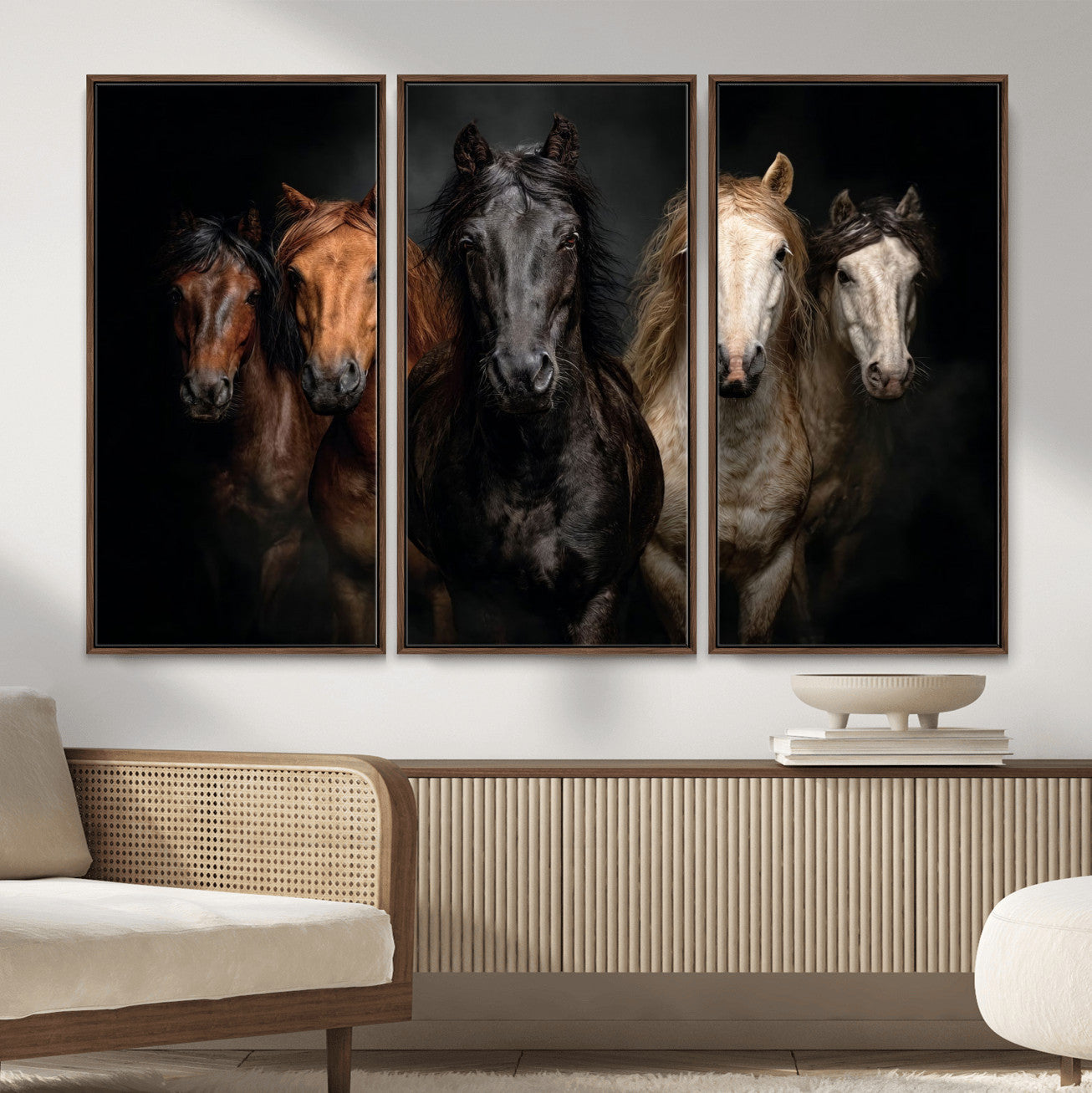 77696206-MGV-CV-36X24 - Horse Wall Art Canvas Print | Wild Horses Portrait Photography, Animal Horse Decor, Black Brown White Horse Herd
