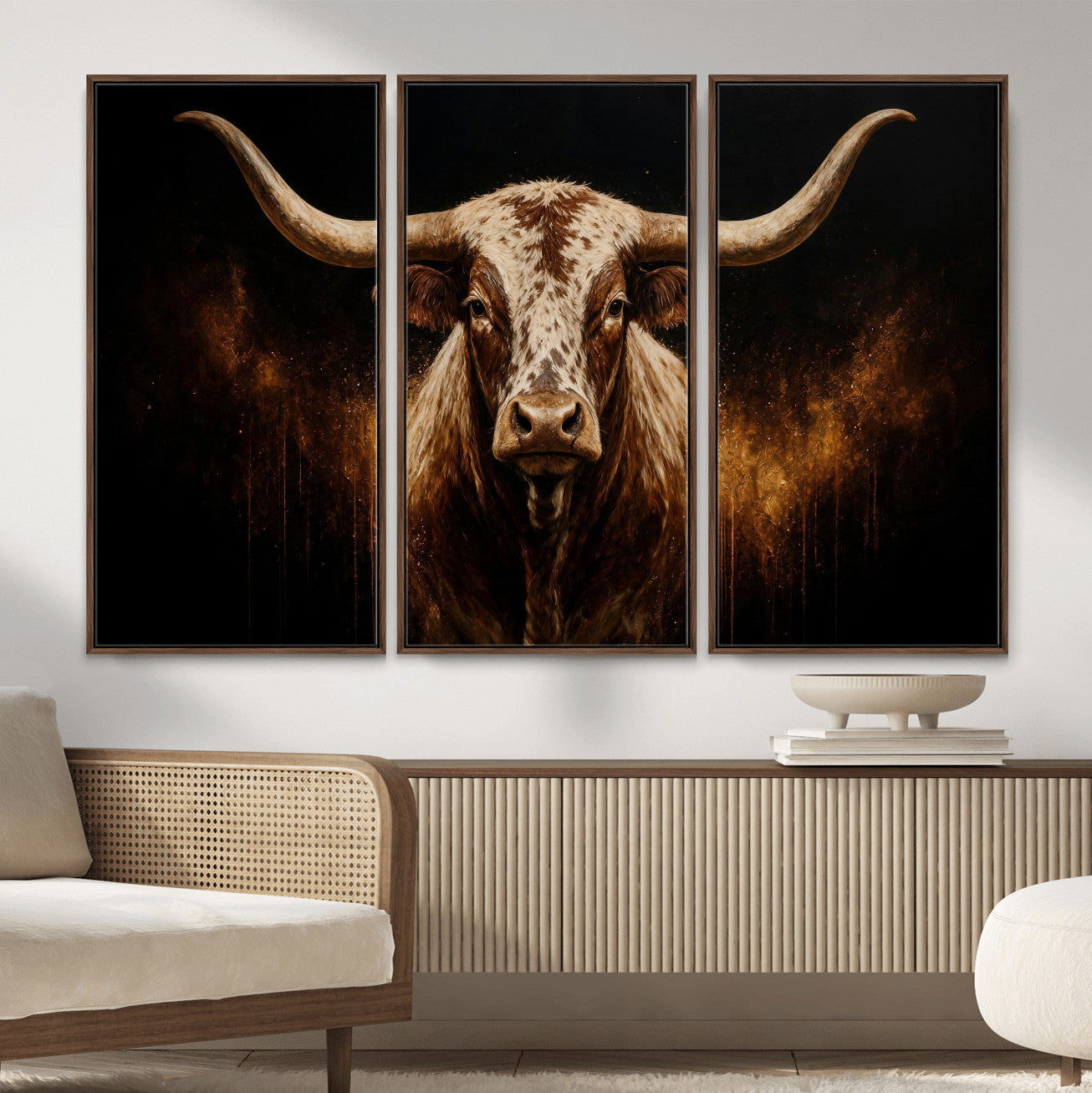 62076449-MGV-CV-48X32-3P - Texas Bull Cow Longhorn Canvas Wall Art Moody Western Bull Oil Painting Print