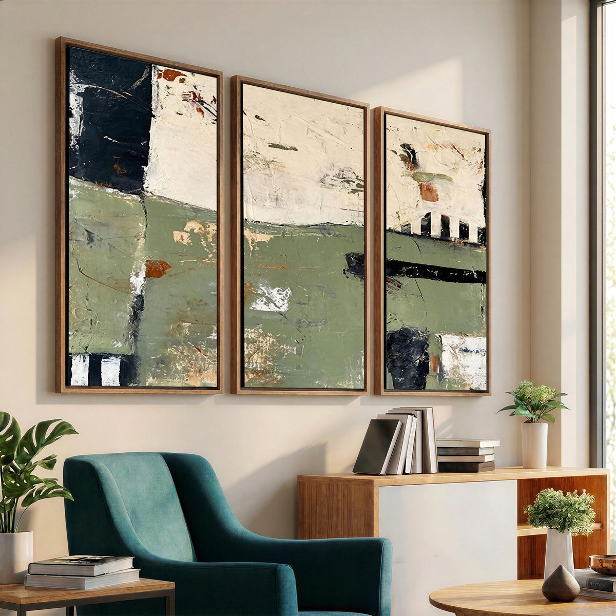 77942087-MGV-CV-36X24 - Sage Green Abstract Geometric Landscape Wall Art Canvas Print, Modern Minimalist Decor