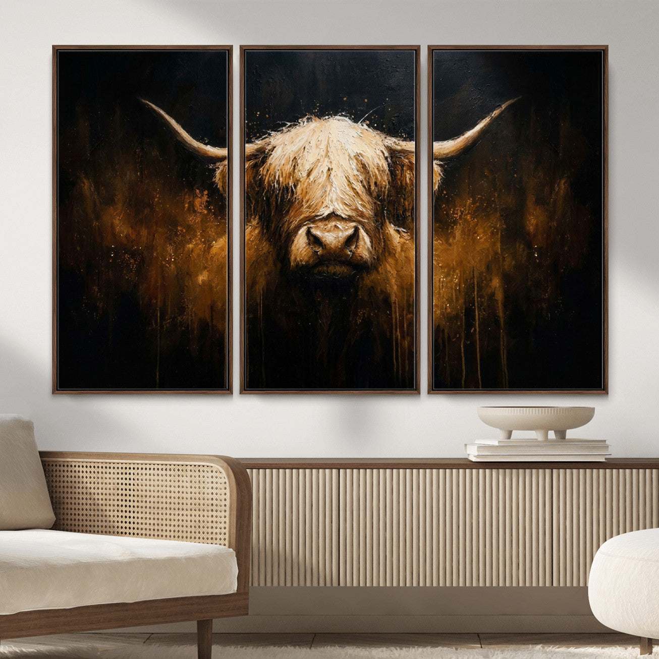 79873059-MGV-CV-36X24 - Rustic Highland Cow Canvas Print Dark Farmhouse Cattle Wall Decor