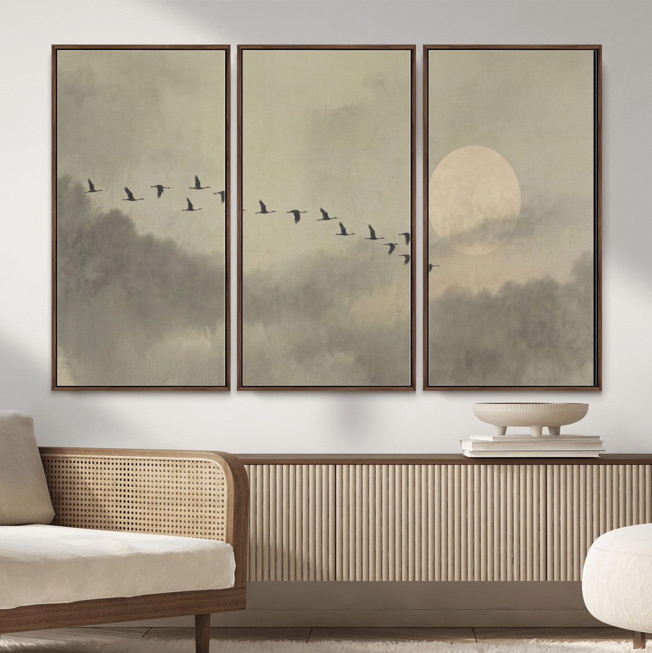 12098149-MGV-CV-36X24 - Flock of Birds Flying to Full Moon Wall Art Canvas Print - Vintage Surreal Clouds Painting