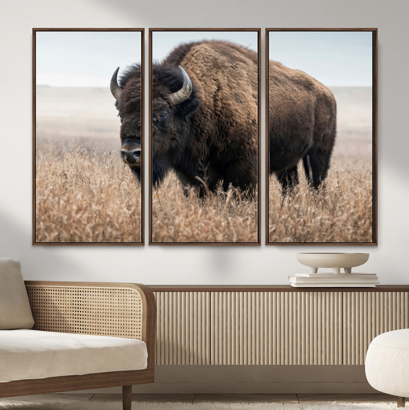 81029583-MGV-CV-36X24 - American Bison in Prairie Field Wall Art Canvas Print - Rustic Wildlife Photography