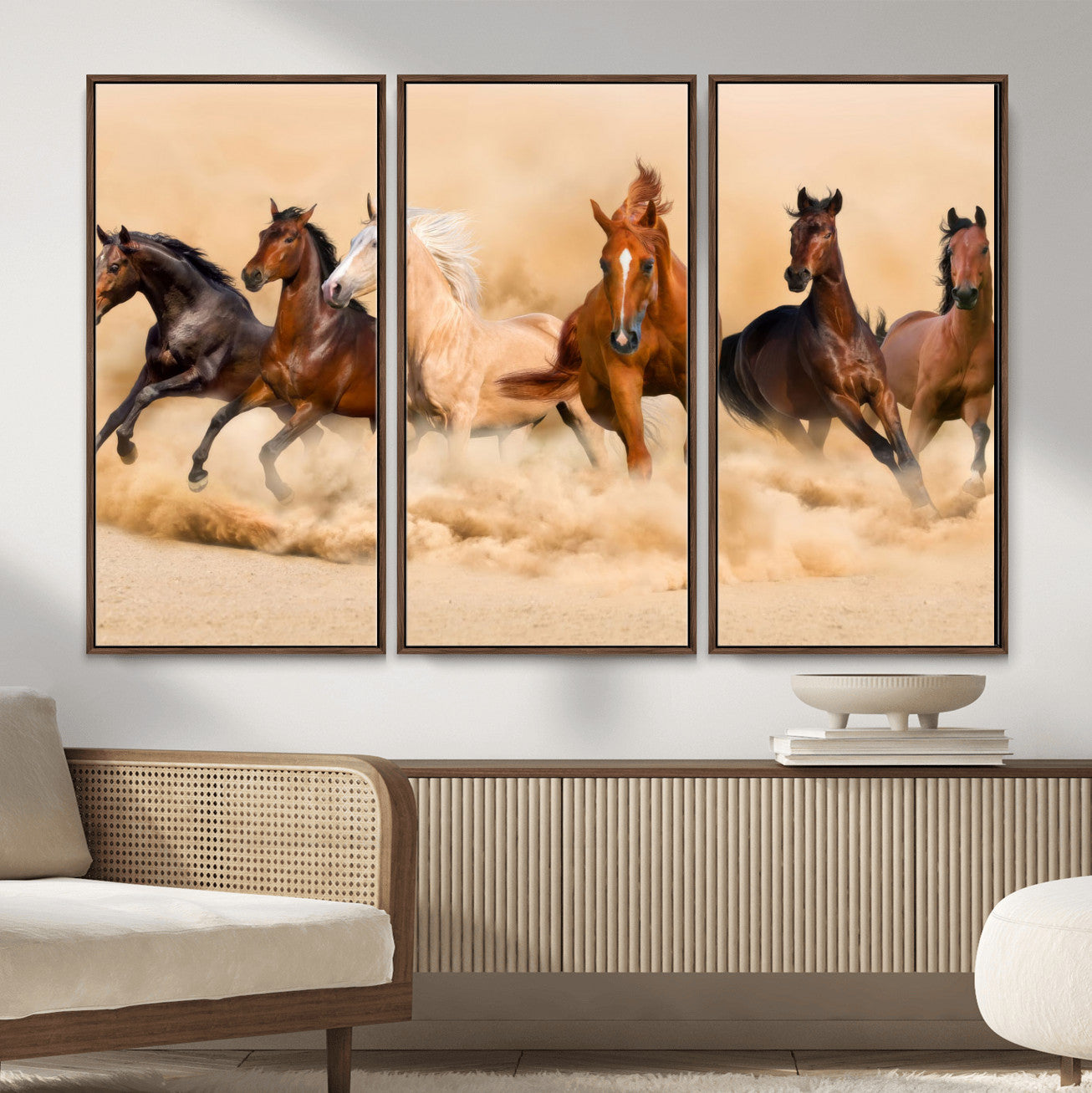 90610949-MGV-CV-36X24 - Herd of Six Wild Horses Galloping in Dust Storm Wall Art Canvas Print - Majestic Wildlife Decor