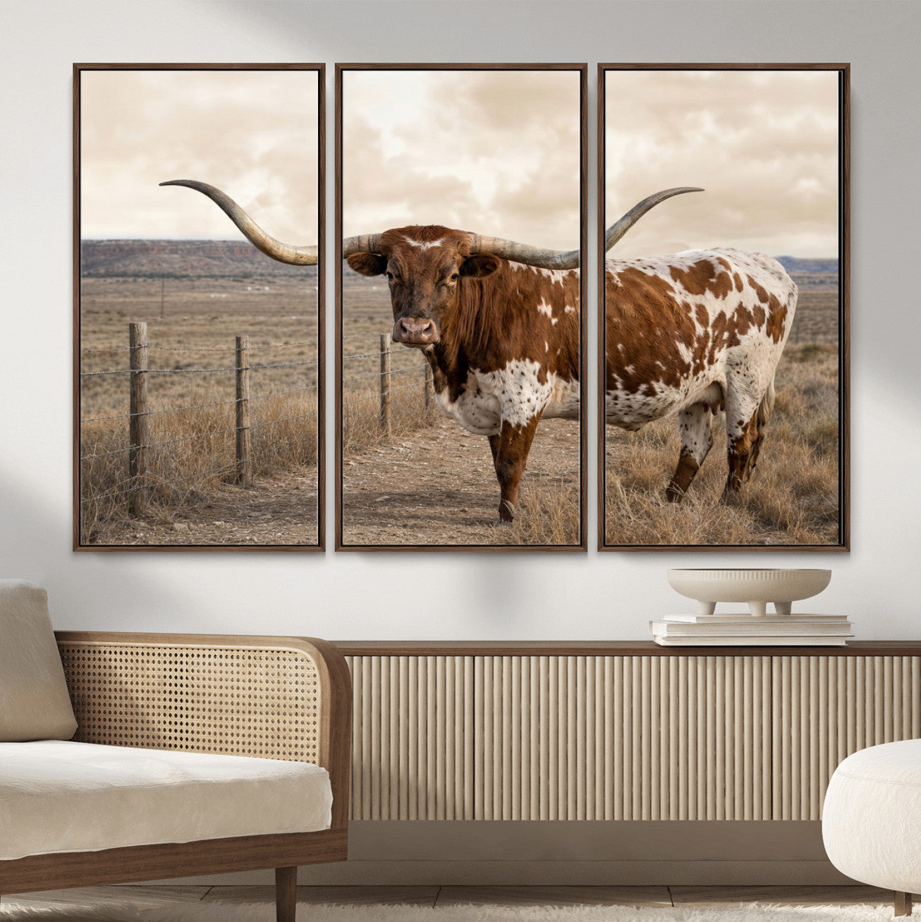 22808364-MGV-CV-36X24 - Texas Longhorn Cattle in Desert Pasture Wall Art Canvas Print - Rustic Western Decor