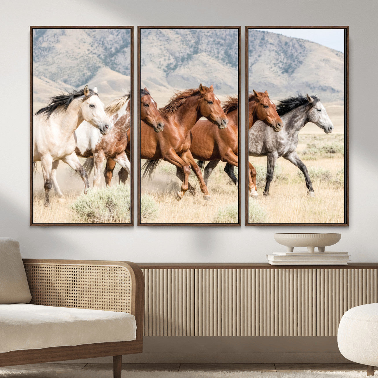 68345893-MGV-CV-36X24 - Five Mustangs Running Wild in Mountain Valley Wall Art Canvas Print - Rustic Western Decor