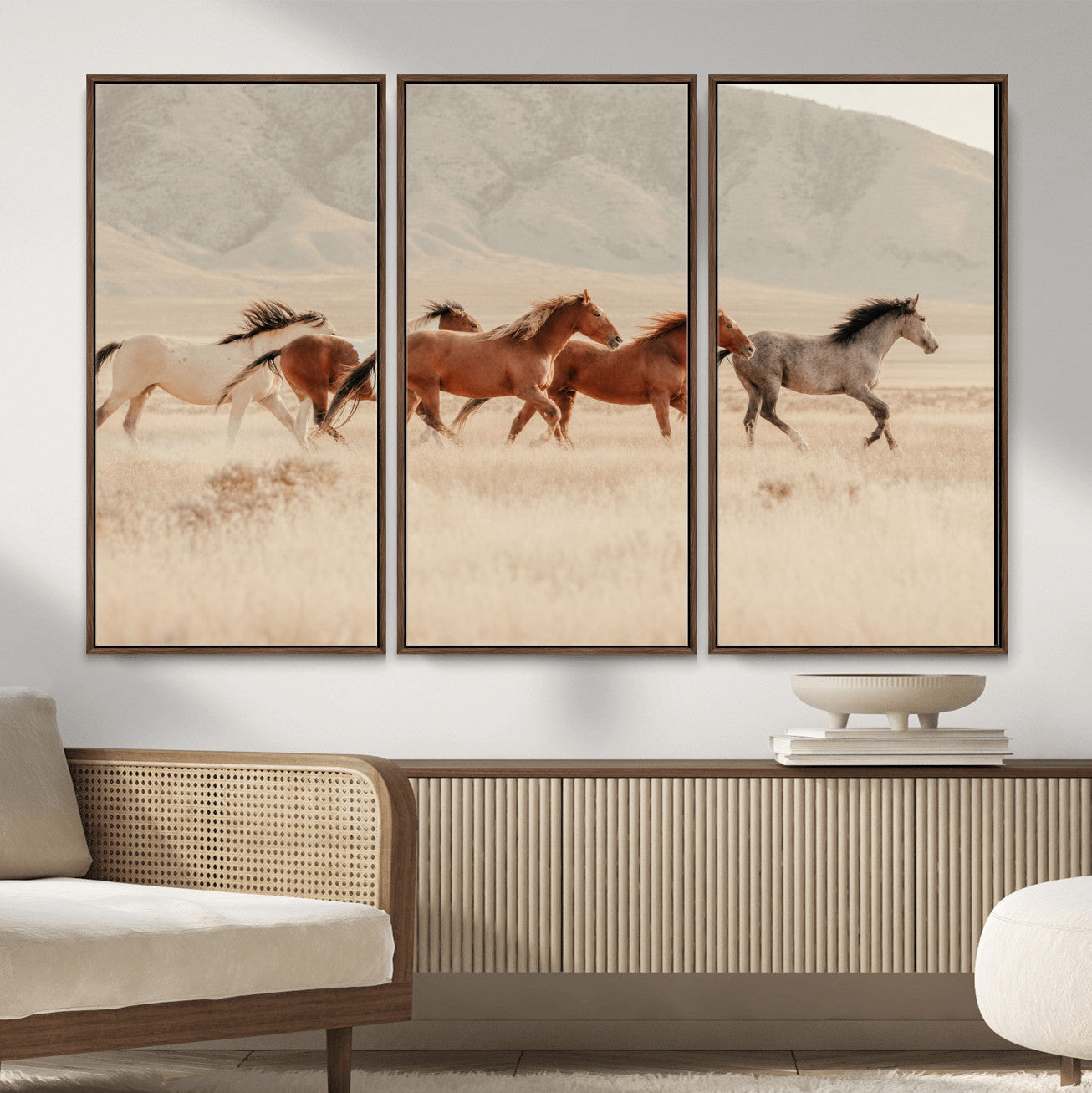 43348446-MGV-CV-36X24 - Herd of Wild Horses Running in Desert Mountain Wall Art Canvas Print - Boho Western Landscape