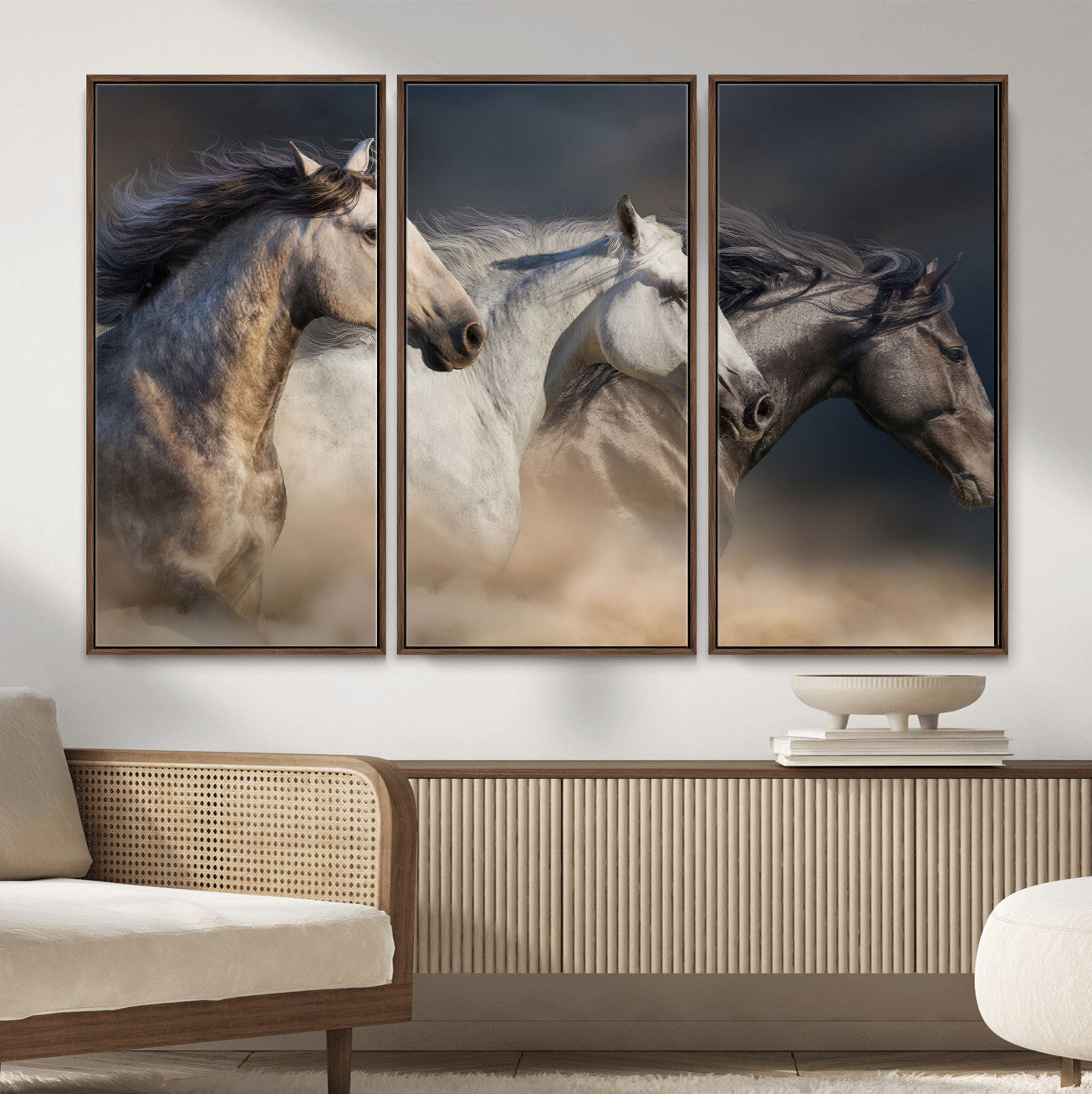 85088910-MGV-CV-36X24 - Three Wild Horses Galloping in Dust Storm Wall Art Canvas Print | Powerful Wildlife Fine Art