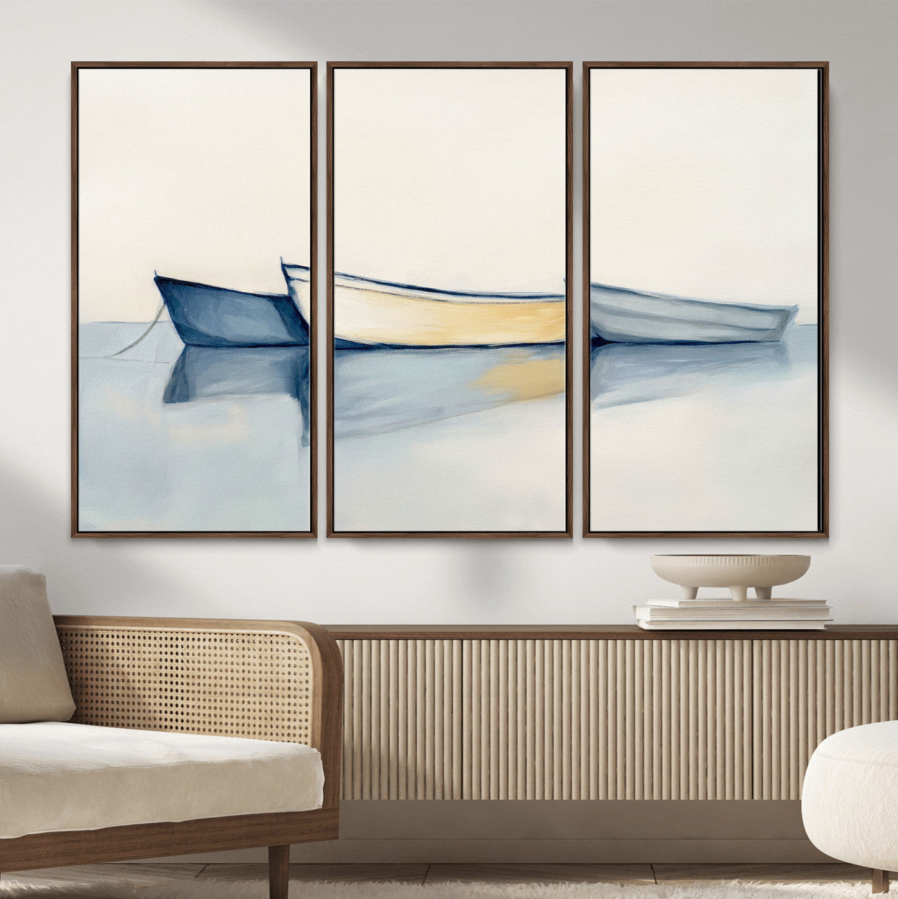 84017361-MGV-CV-36X24 - Abstract Three Boats Reflecting on Water Wall Art Canvas Print - Minimalist Coastal Seascape