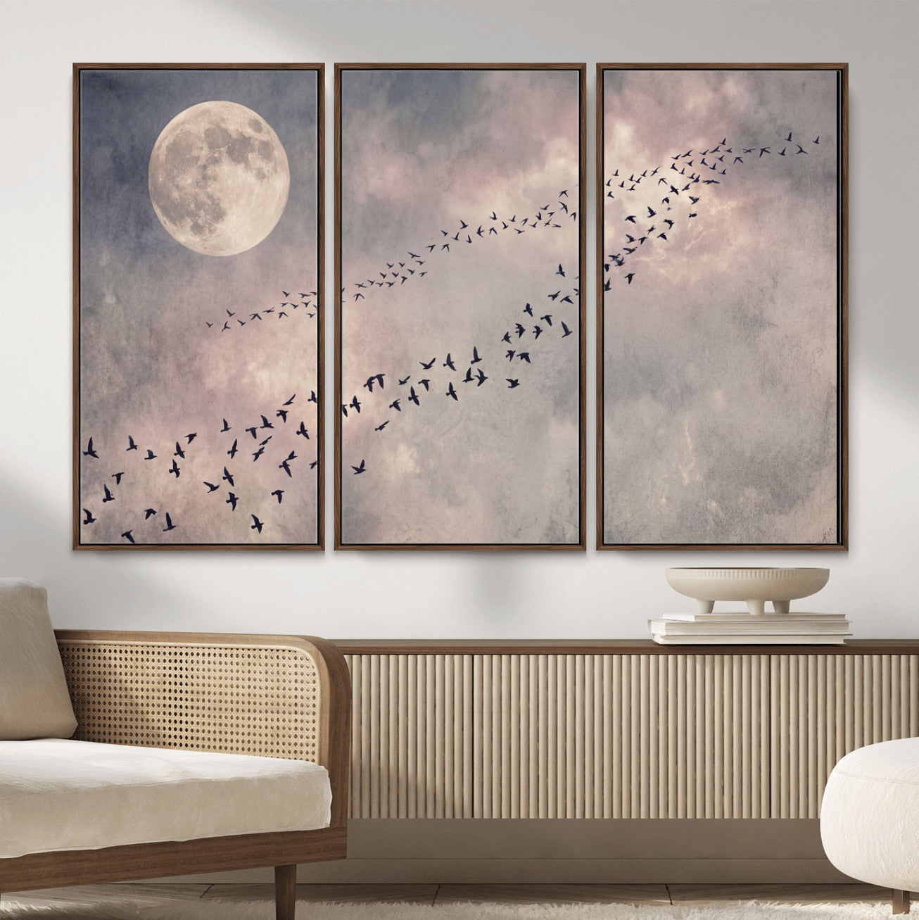 52339590-MGV-CV-36X24 - Birds Flying to Moon Wall Art Canvas Print - Vintage Surreal Night Sky Sky Print
