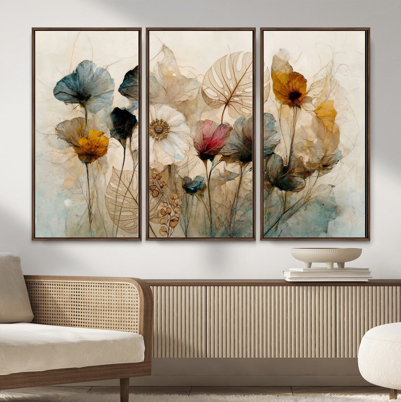 93171612-MGV-CV-36X24 - Vintage Dried Floral Meadow Wall Art Canvas Print, Translucent Watercolor Flowers Painting Print