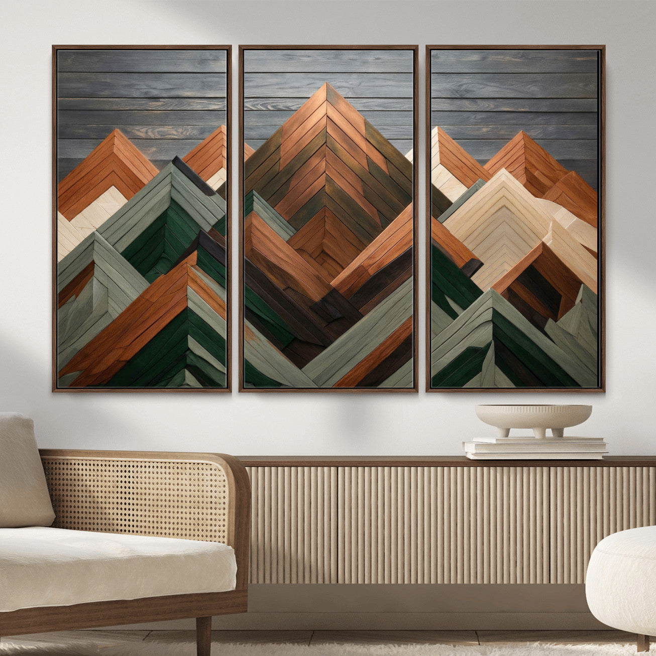 84617347-MGV-CV-36X24 - Geometric Wood Mountain Wall Art Canvas Print, 3D Look Rustic Mosaic Landscape Print
