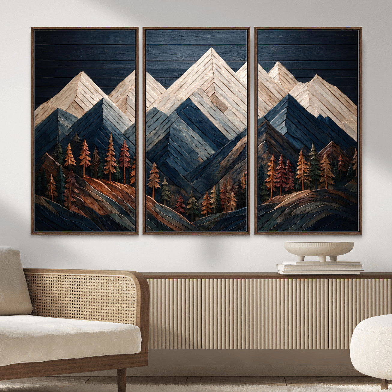 87765072-MGV-CV-36X24 - Geometric Wood Mountain Wall Art Canvas Print, 3D Look Rustic Mosaic Landscape Print