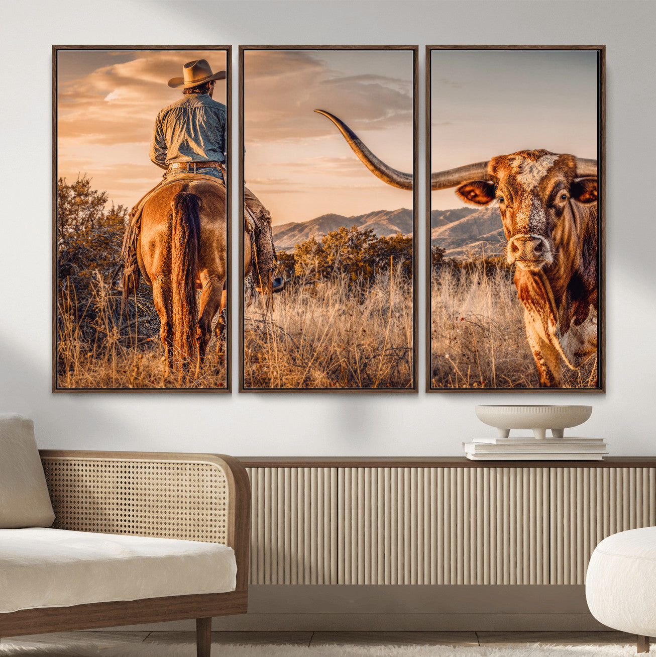 62076449C-MGV-CV-36X24 - Texas Cowboy and Longhorn Bull Print for Western Wall Art Decor for Farmhouse