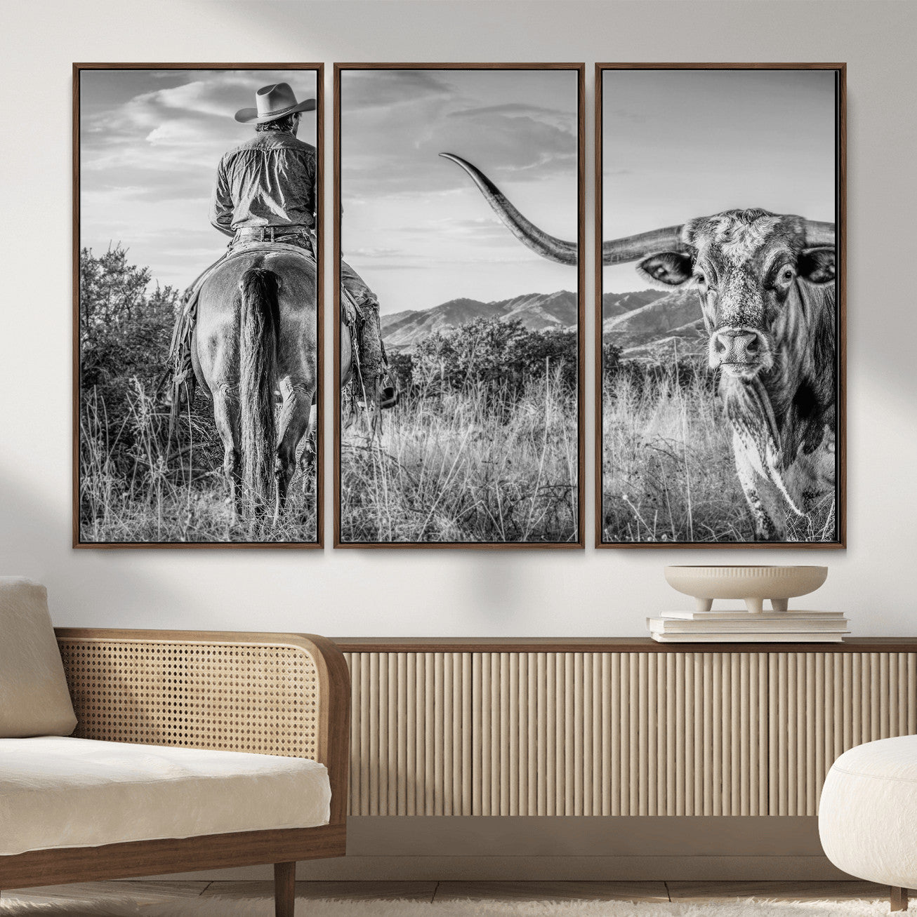 62076449WB-MGV-CV-36X24 - Texas Cowboy and Longhorn Bull Print for Western Wall Art Decor for Farmhouse