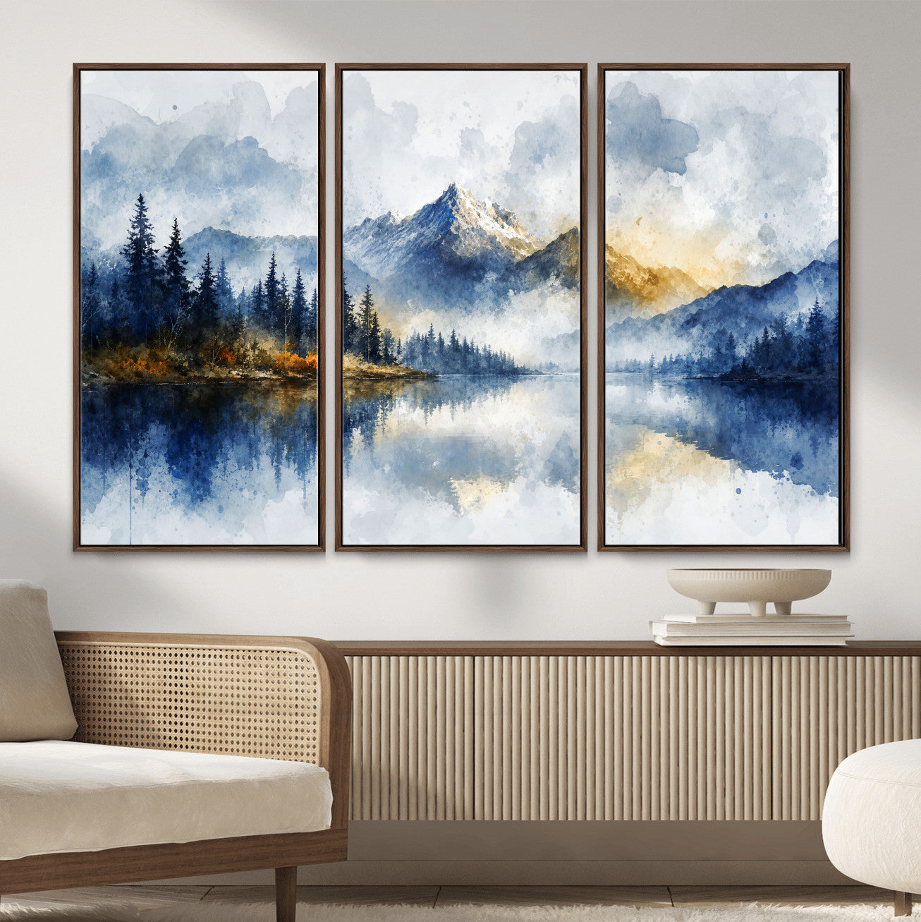 62076449DG-MGV-CV-36X24 - Abstract Watercolor Mountain Lake Wall Art Print for Living Room Decor