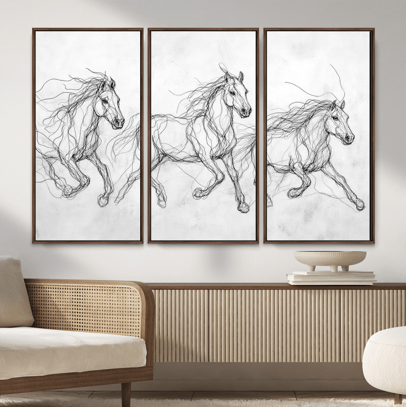 53600119-MGV-CV-36X24 - Monochrome Horse Canvas Wall Art, Black Ink Sketch Wild Horses Print, Minimalist Equestrian Artwork, Modern Abstract Line Decor, Urban Loft Gift