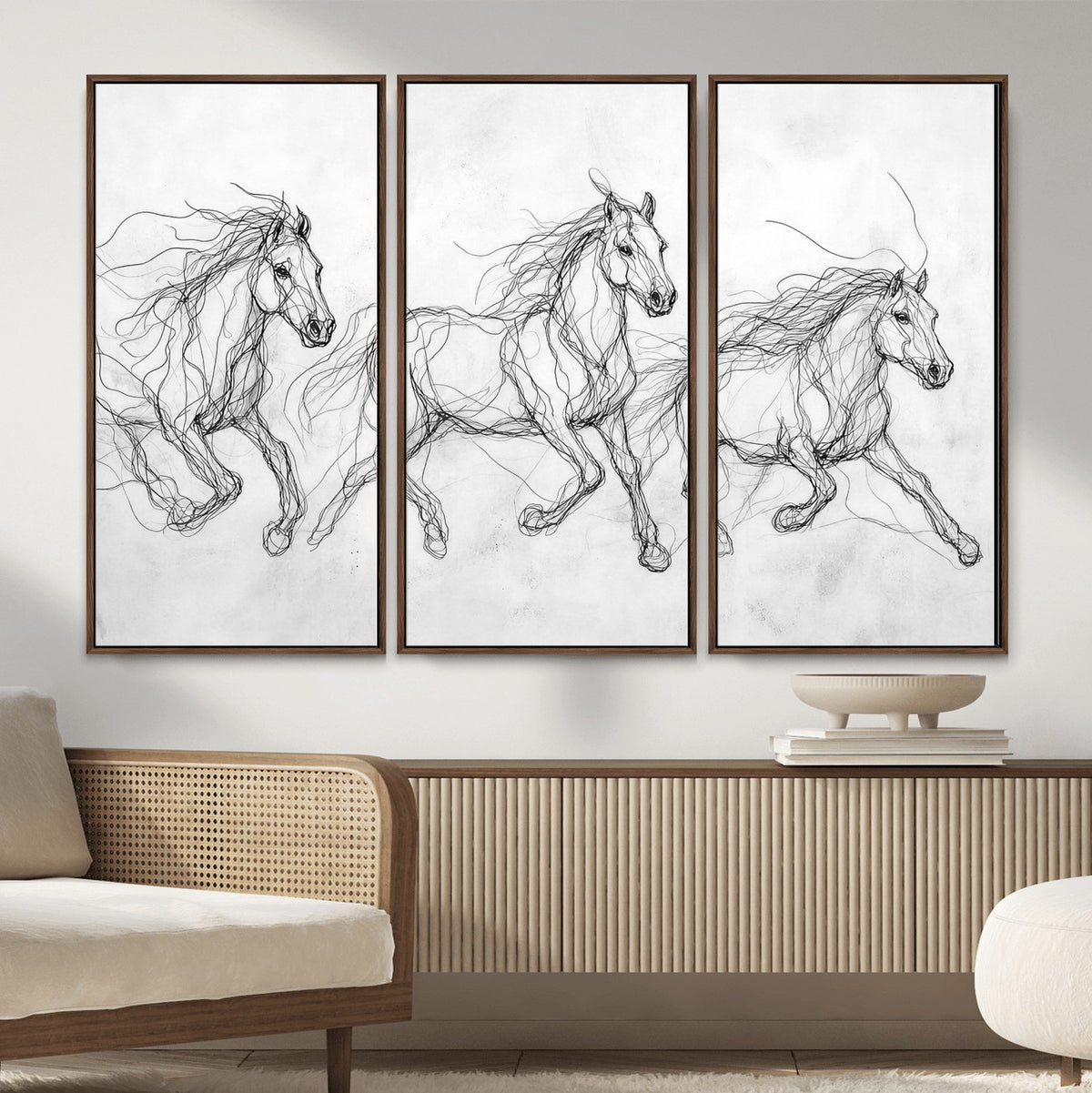 53600119-MGV-CV-36X24 - Monochrome Horse Canvas Wall Art, Black Ink Sketch Wild Horses Print, Minimalist Equestrian Artwork, Modern Abstract Line Decor, Urban Loft Gift