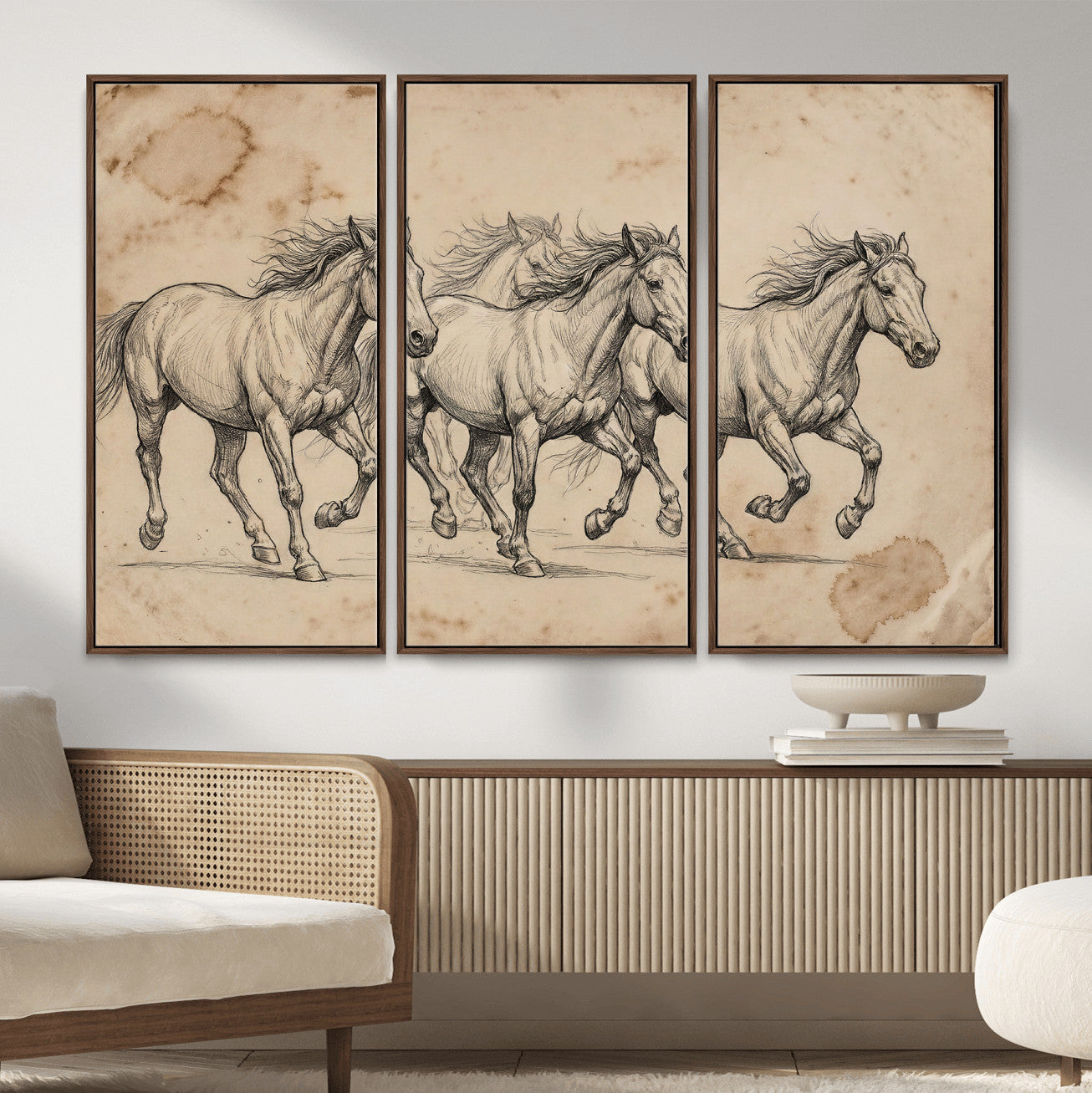 56046981-MGV-CV-36X24 - Sepia Wild Horses Canvas Art, Antique Pencil Drawing Print, Vintage Gallery Wall Decor, Rustic Equestrian Artwork, Traditional Den Gift