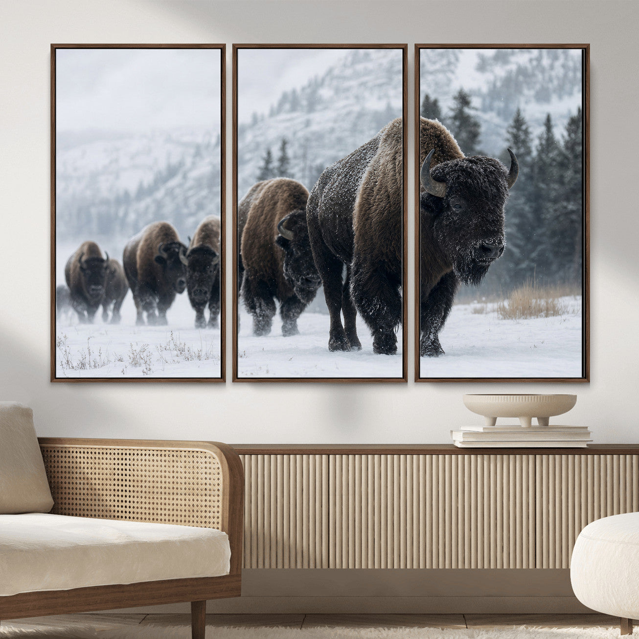 18343289-MGV-CV-36X24 - Rustic Bison Wall Art, American Buffalo Photo Print, Wildlife Canvas Artwork, Snowy Mountain Decor, Large Nature Poster, Cabin Gift Idea