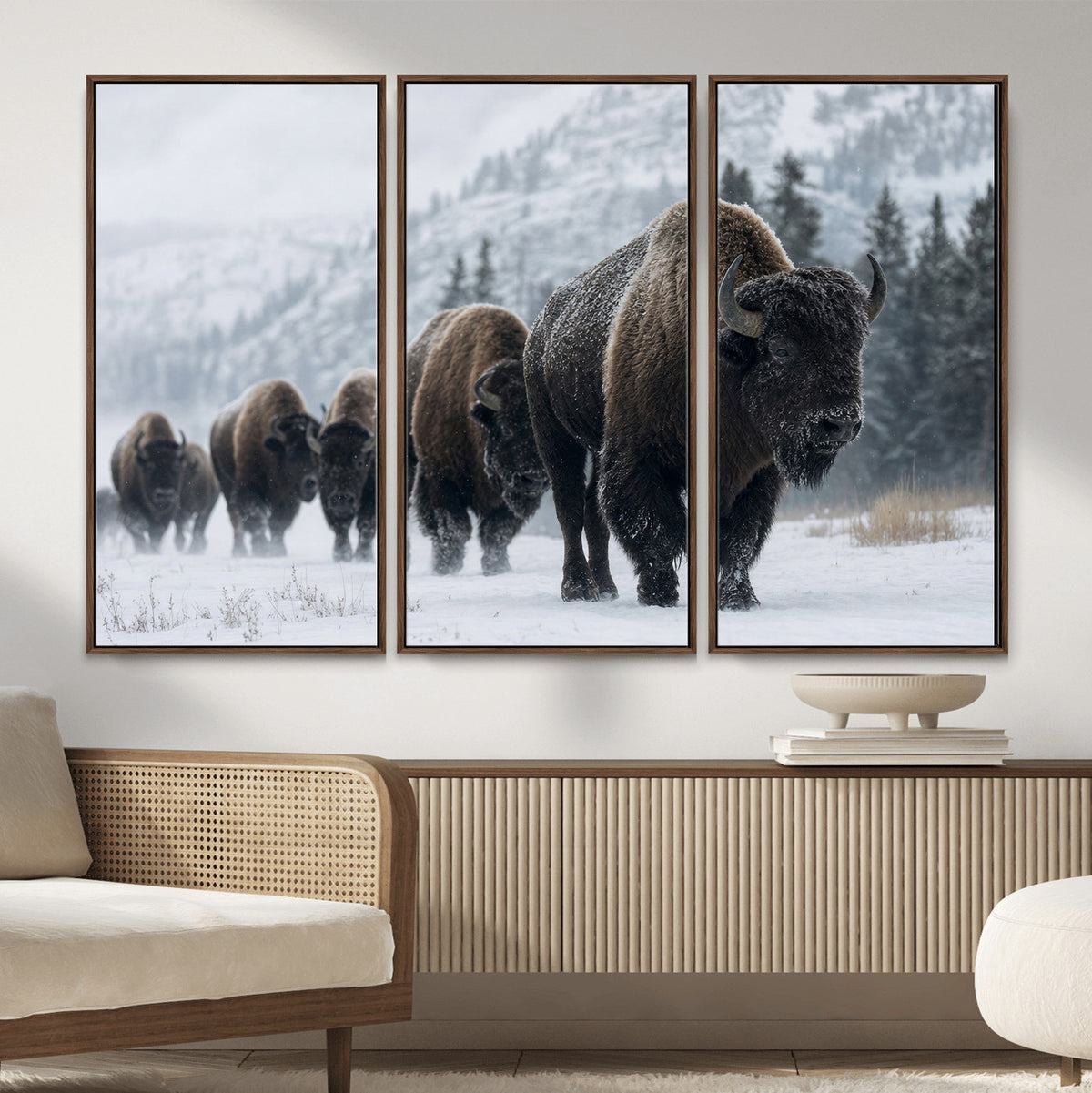 18343289-MGV-CV-36X24 - Rustic Bison Wall Art, American Buffalo Photo Print, Wildlife Canvas Artwork, Snowy Mountain Decor, Large Nature Poster, Cabin Gift Idea