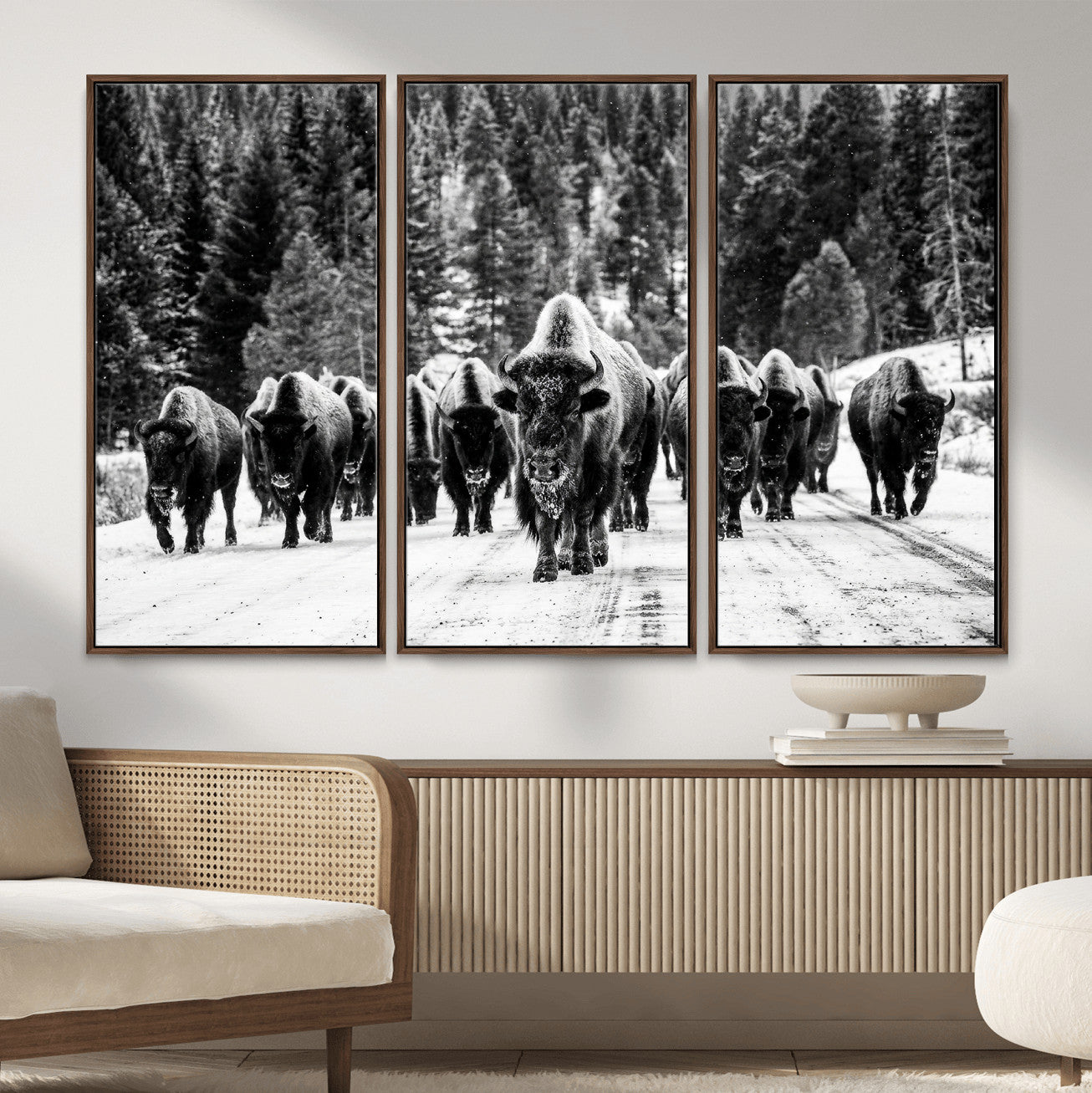 79337077-MGV-CV-36X24 - Black and White Bison Canvas Art, American Buffalo Print, Winter Wildlife Photography, Rustic Forest Wall Decor, Large Statement Nature Gift