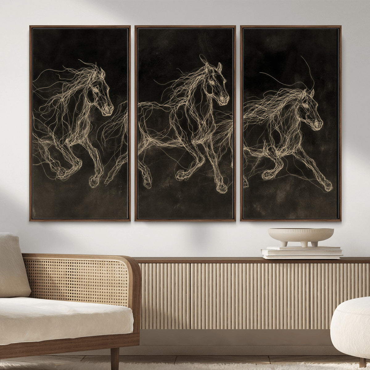 15344242-MGV-CV-36X24 - Dark Horse Line Art Canvas, Gold Scribble Wild Horses Print, Black Chalkboard Wall Art, Modern Luxury Equine Decor, Masculine Office Gift