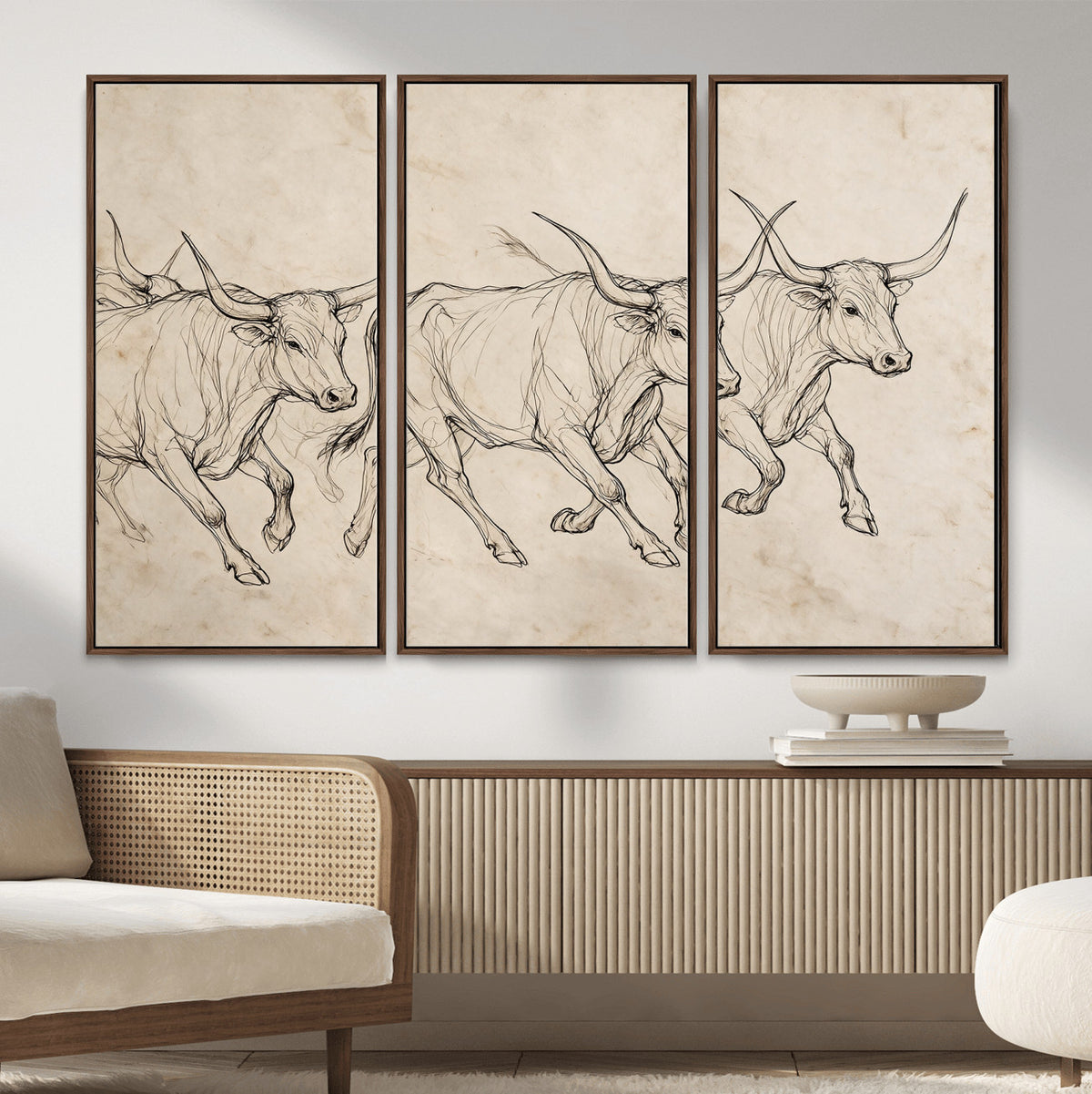 87177621-MGV-CV-36X24 - Minimalist Longhorn Line Art, Modern Texas Bull Canvas Print, Abstract Western Wall Decor, Continuous Line Artwork, Black White Ranch Gift