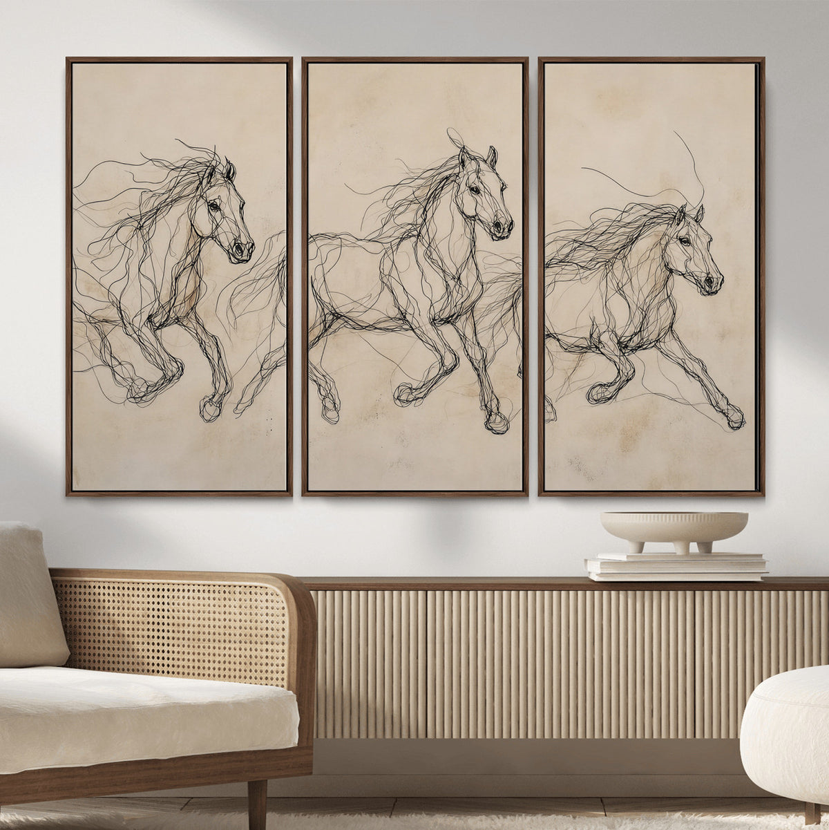 81051673-MGV-CV-36X24 - Abstract Horse Line Art Canvas, Gesture Sketch Wild Horses Print, Modern Scribble Artwork, Minimalist Equine Wall Decor, Rustic Studio Gift