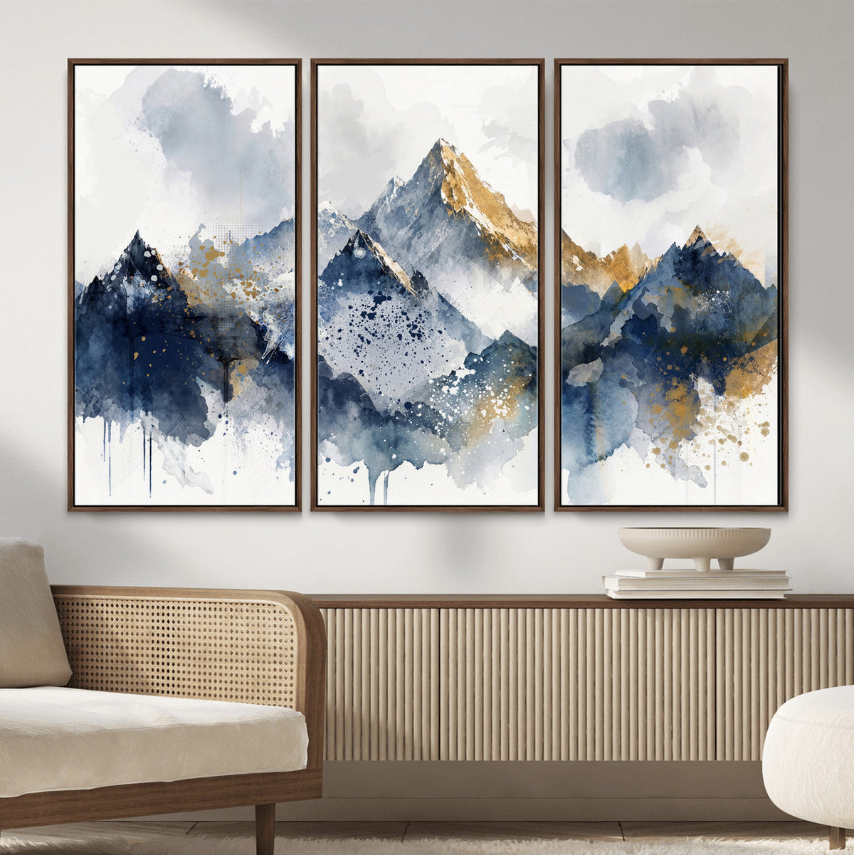 87460616-MGV-CV-36X24 - Abstract Mountain Canvas Wall Art, Blue Gold Foil Landscape Print, Modern Indigo Watercolor Poster, Large Abstract Nature, Luxury Office Gift
