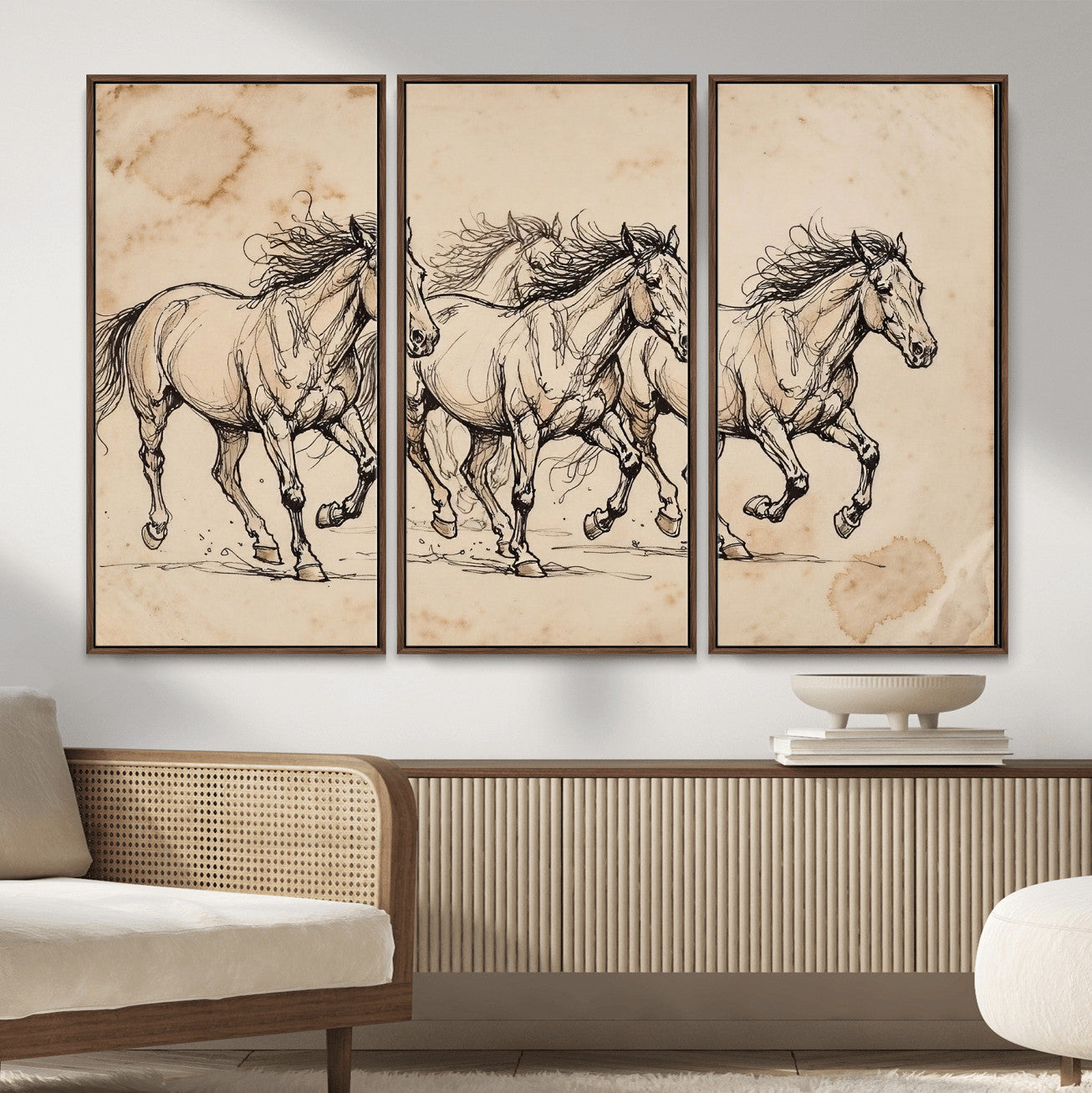 18242163-MGV-CV-36X24 - Vintage Horse Sketch Canvas Wall Art, Wild Horses Pencil Drawing Print, Antique Parchment Western Decor, Equine Sketching, Country Manor Gift