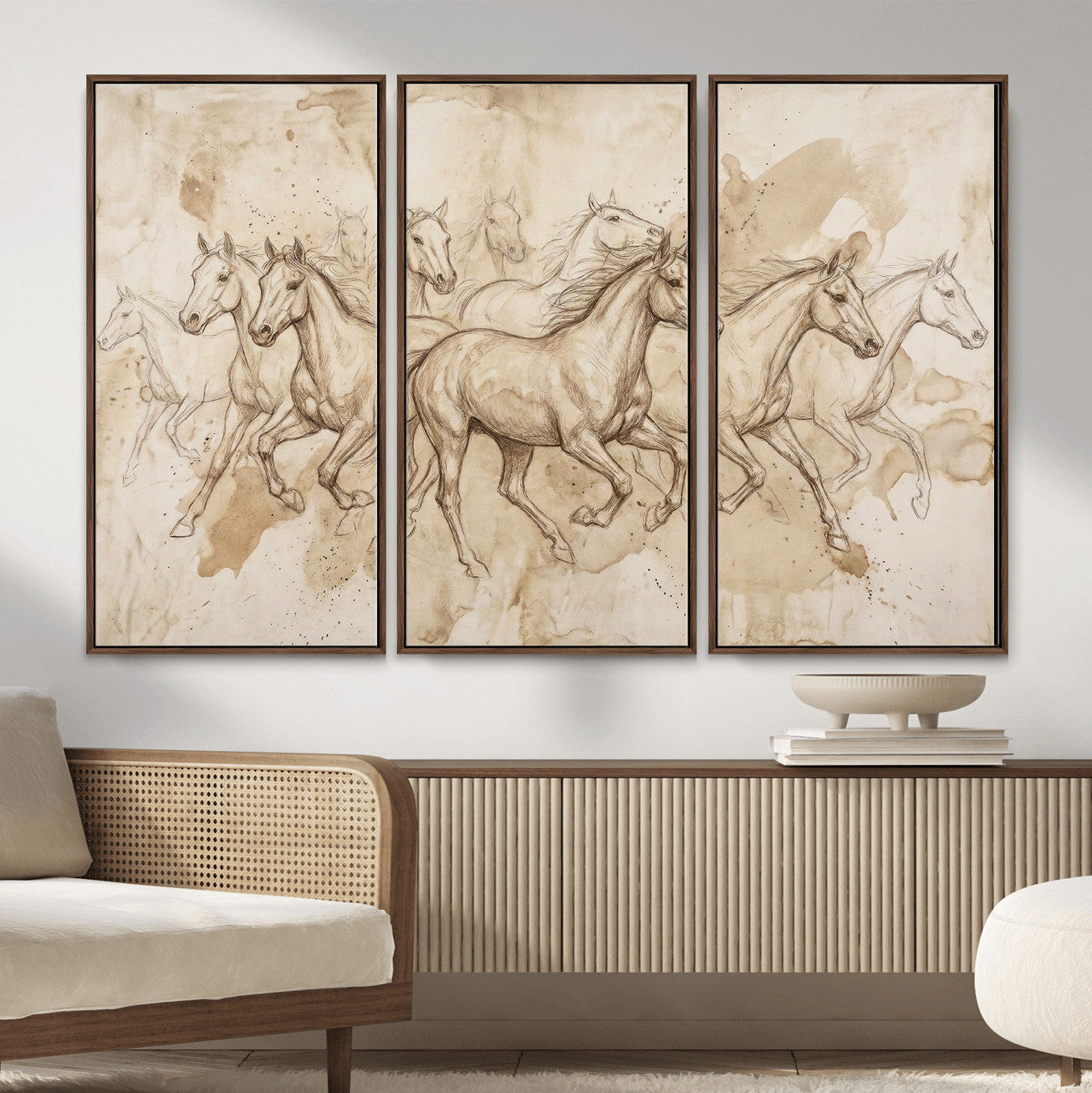52233469-MGV-CV-36X24 - Vintage Horse Sketch Canvas Wall Art, Wild Horses Pencil Drawing Print, Antique Parchment Western Decor, Equine Sketching, Country Manor Gift