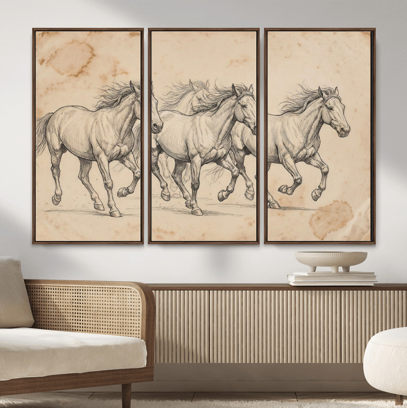 16644391-MGV-CV-36X24 - Vintage Horse Sketch Canvas Wall Art, Wild Horses Pencil Drawing Print, Antique Parchment Western Decor, Equine Sketching, Country Manor Gift