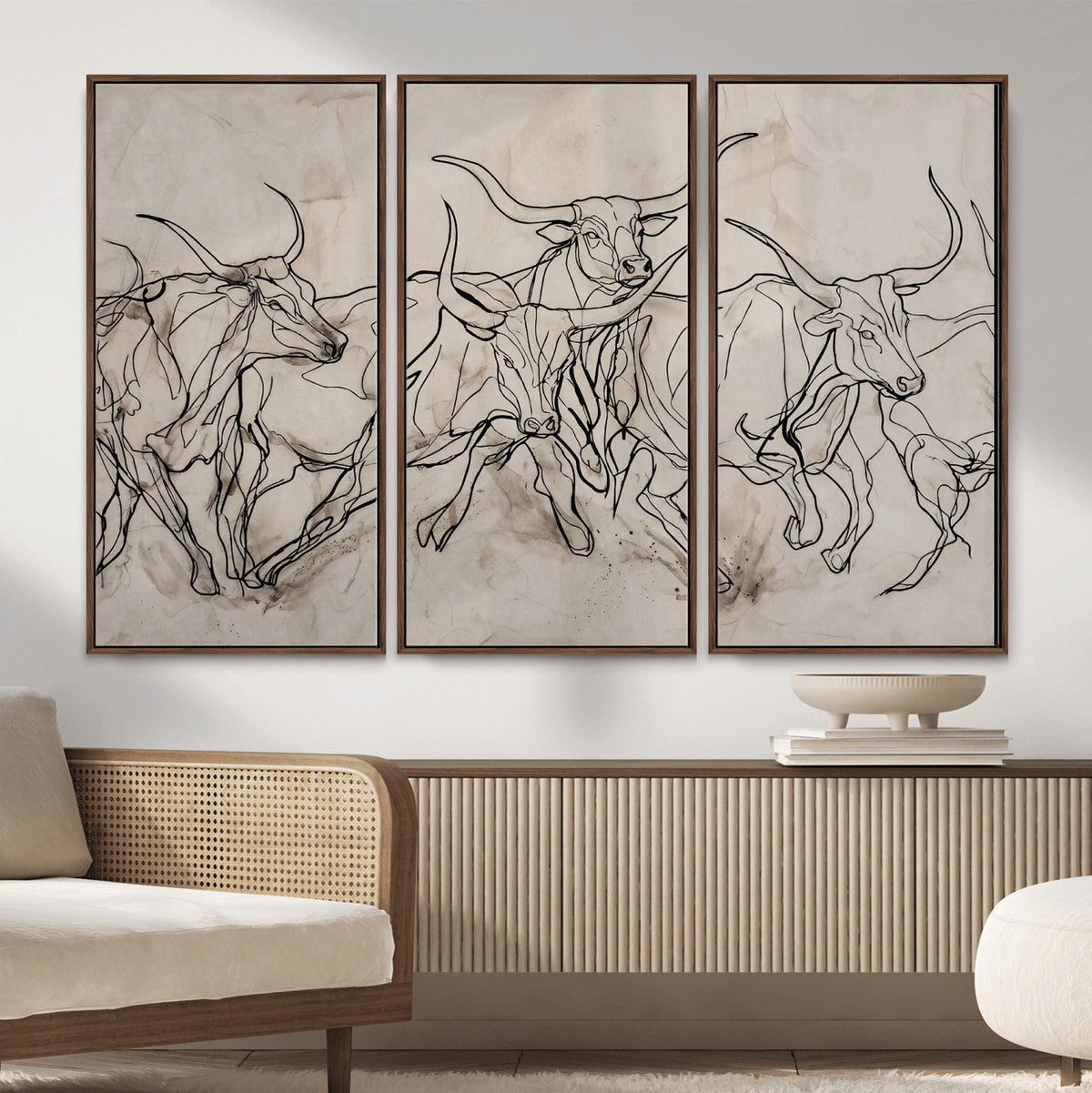 16671245-MGV-CV-36X24 - Minimalist Longhorn Line Art, Modern Texas Bull Canvas Print, Abstract Western Wall Decor, Continuous Line Artwork, Black White Ranch Gift