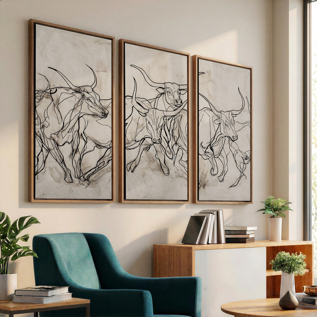 16671245-MGV-CV-36X24 - Minimalist Longhorn Line Art, Modern Texas Bull Canvas Print, Abstract Western Wall Decor
